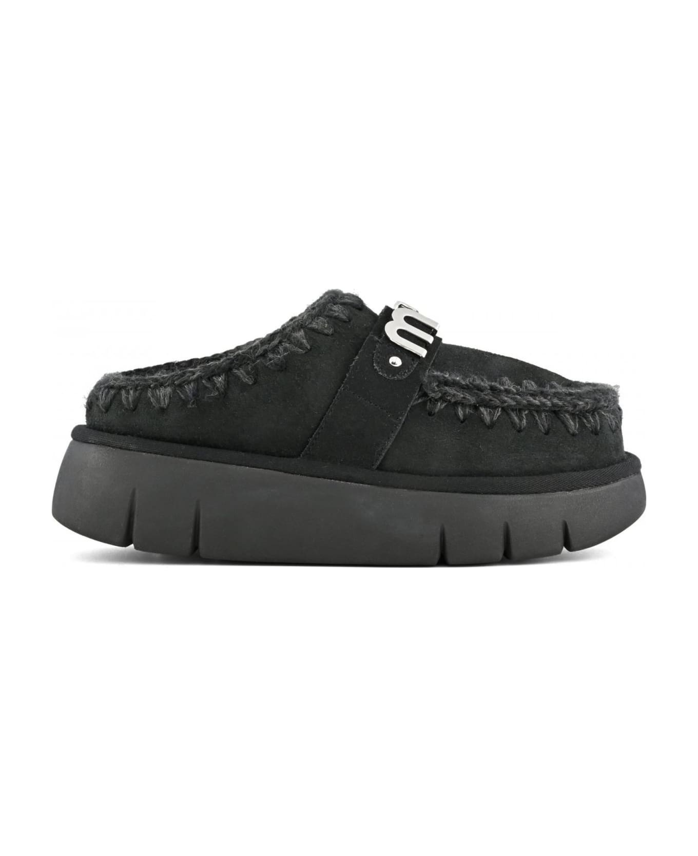 Mou Bounce Black Mules With Logo Lettering And Open Rear In Suede Woman - black