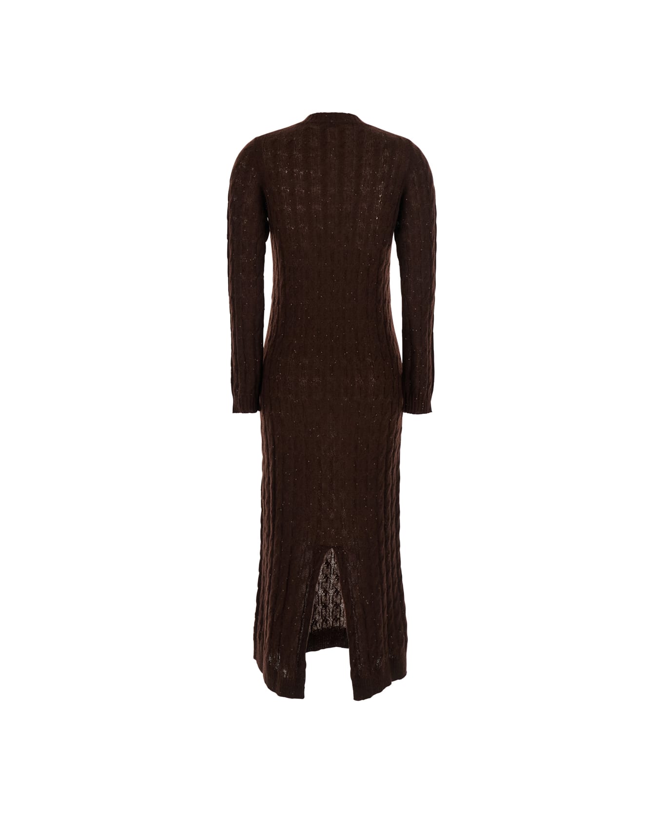 Brunello Cucinelli Brown Crewneck Dress With All-over Sequin Embellishments In Wool Blend Woman - Brown