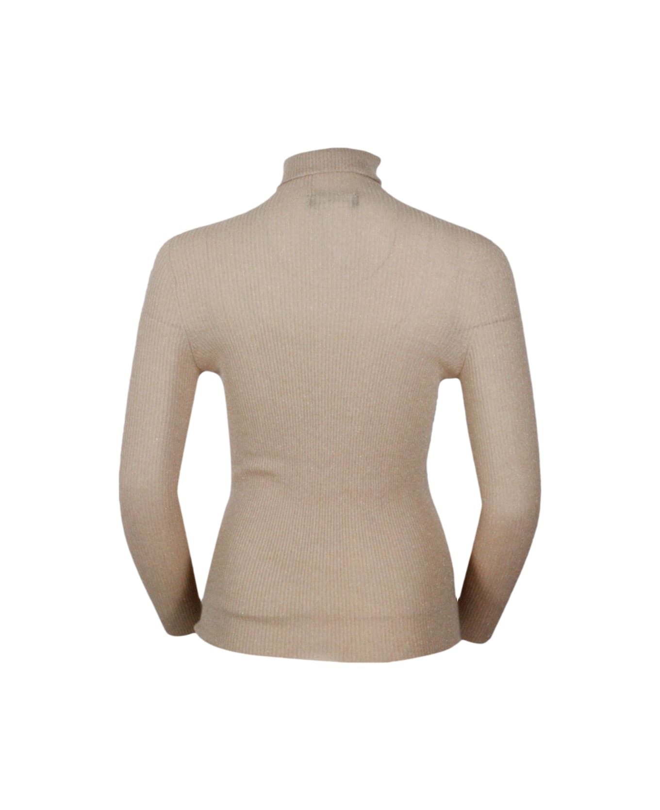 Fabiana Filippi Long-sleeved Turtleneck Sweater In Merino Lamè Embellished With Shiny Lurex That Gives Brightness - Camel Gold
