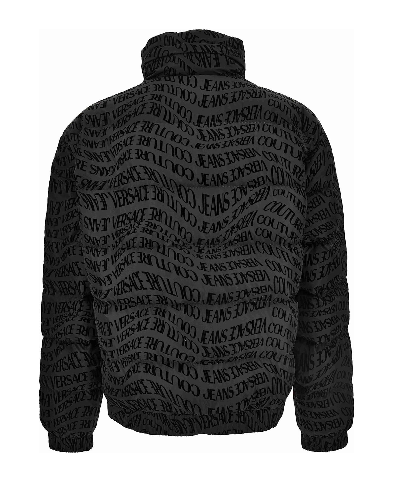 Versace Jeans Couture Men S Short Down Jacket With All-over Logo - Black
