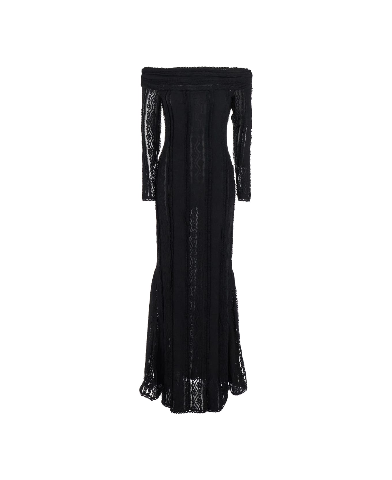 Charo Ruiz 'minerva' Black Long Dress With Bardot Neckline And All-over Embroidery In Tech Fabric Woman - Black