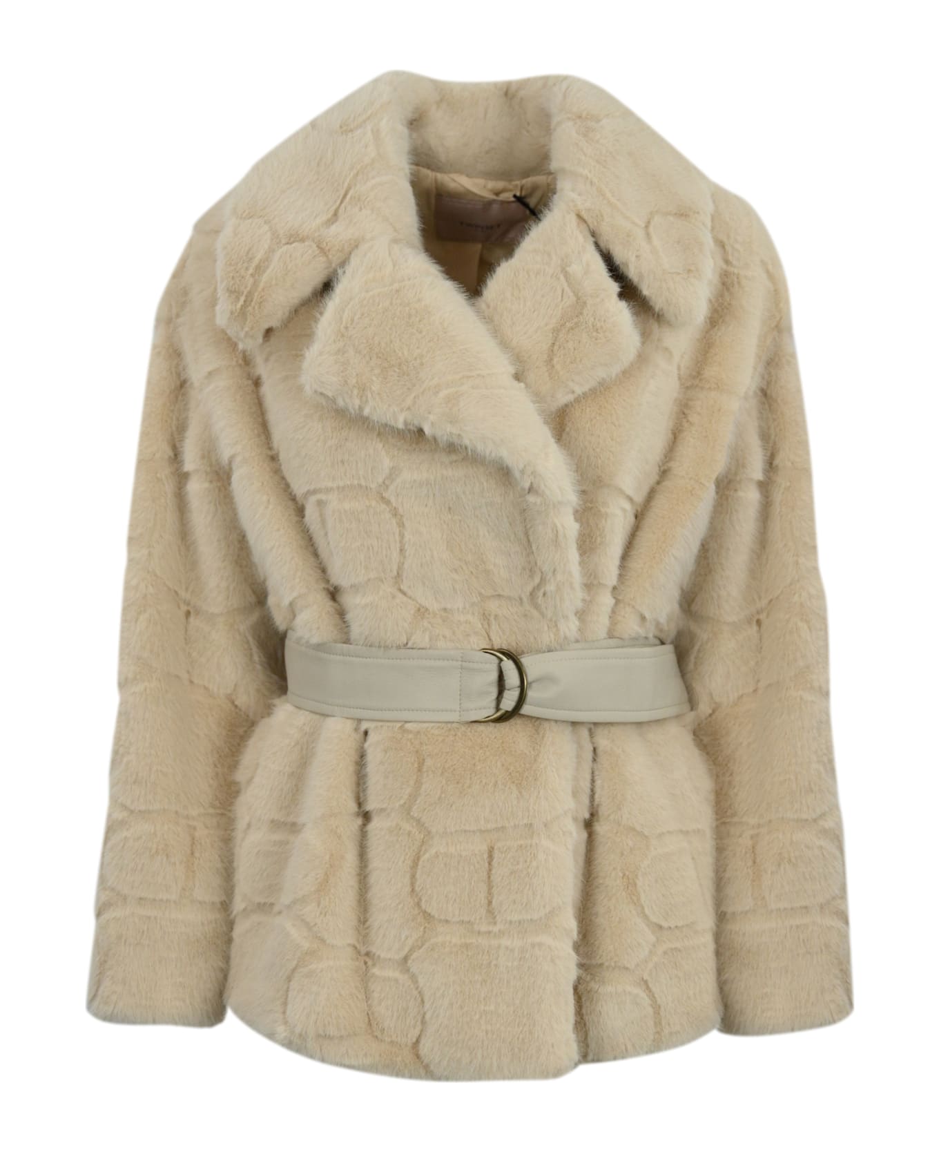 TwinSet Short Faux Fur Coat With Logo - Yellow Cream