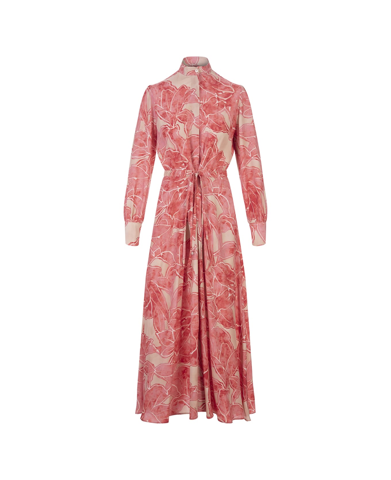 Kiton Pink Printed Silk Long Dress With Belt - Pink