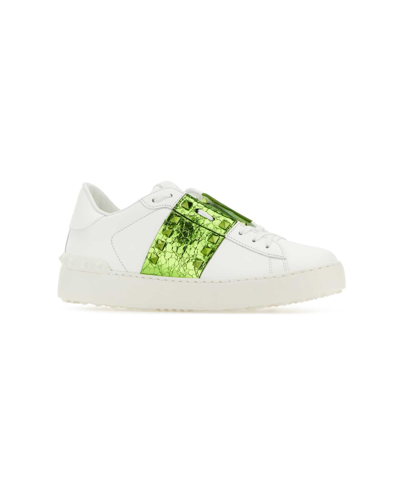 Valentino Garavani White Leather Rockstud Untitled Sneakers With Grass Green Band - BIACHABIA