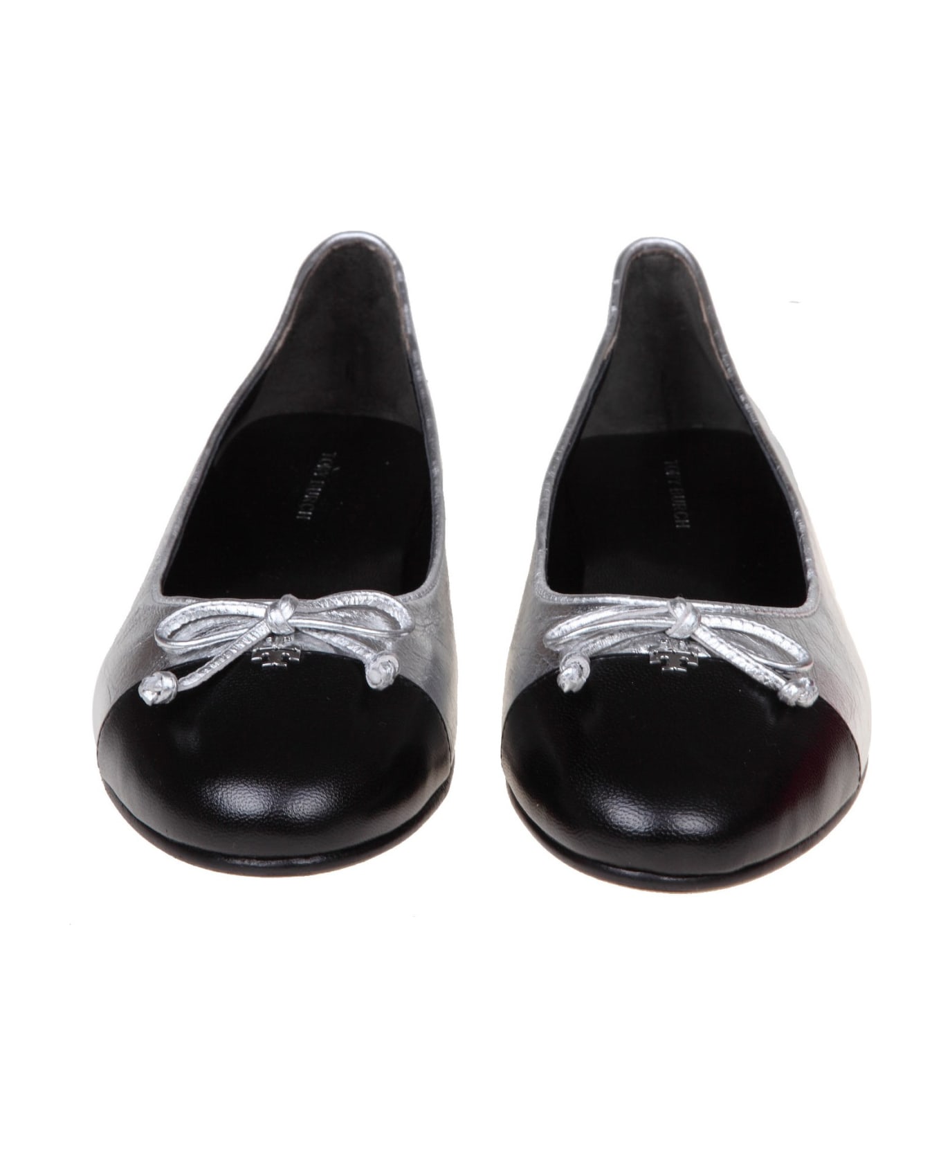 Tory Burch Cap-toe Ballerina In Metallic Leather - Nero
