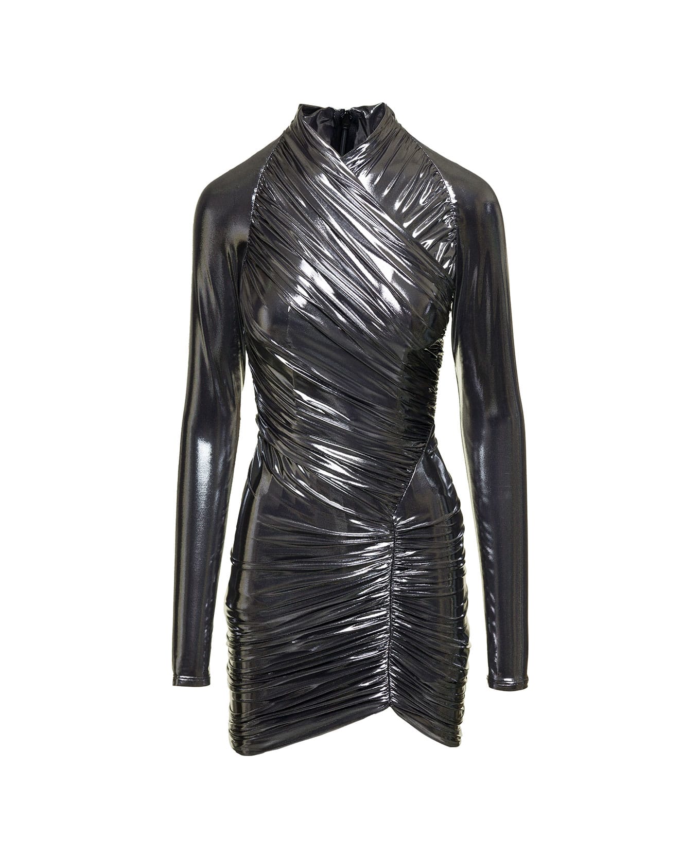 Ferragamo Mini Silver-colored Gathered Dress In Laminated Fabric Woman - Metallic ワンピース＆ドレス