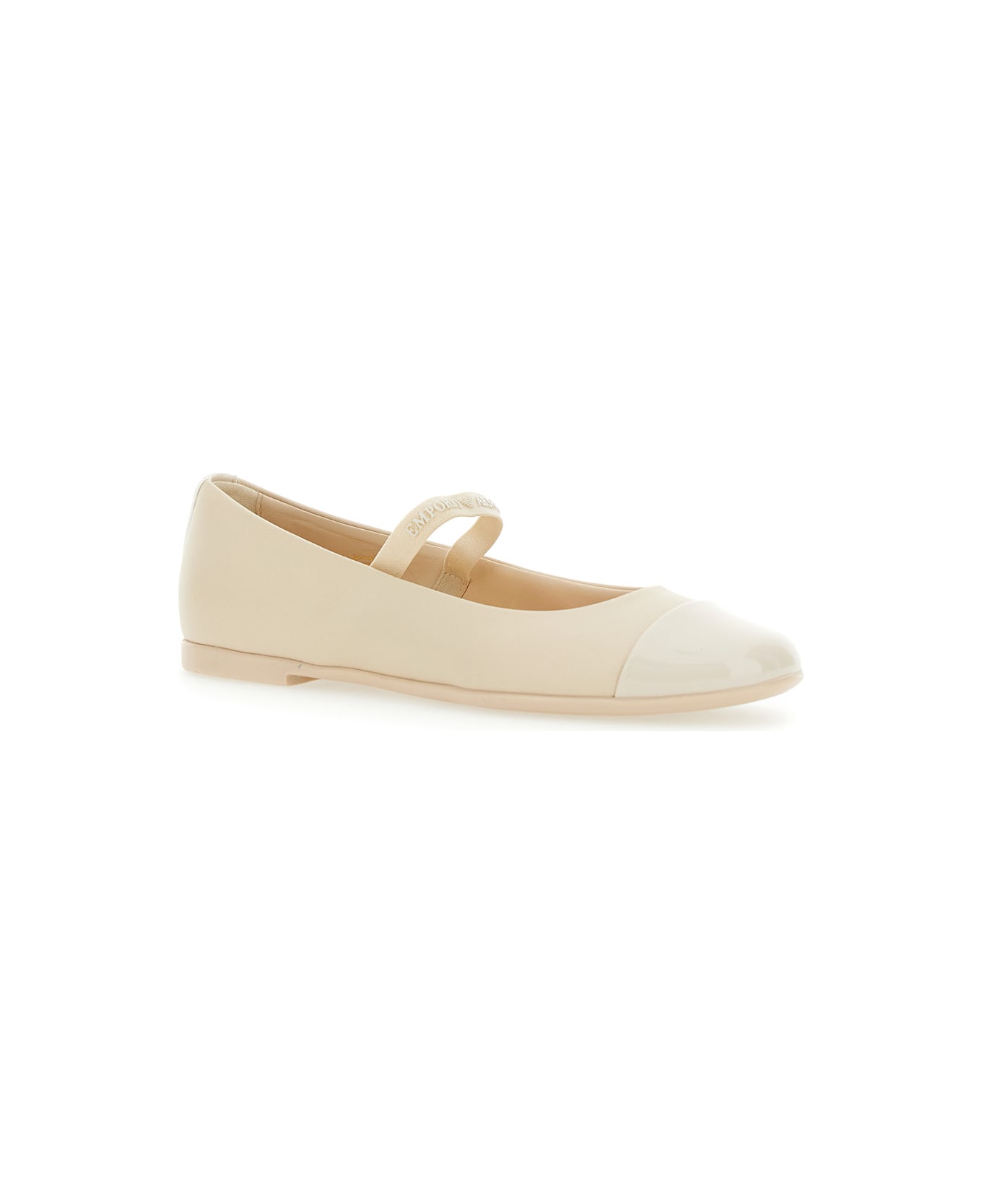 Emporio Armani Beige Ballet Shoes With Cap Toe And Strap With Logo Lettering In Leather Girl - Beige