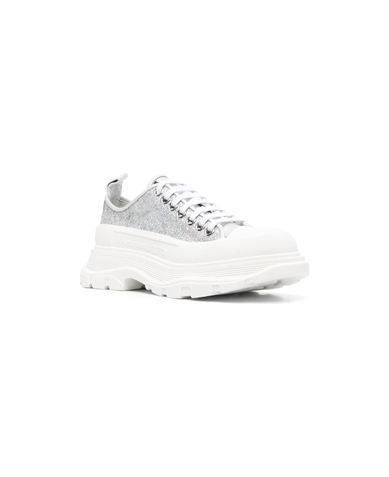 Alexander McQueen 'tread Slick' White And Silver Sneakers With Oversized Platform And All-over Glitters In Cotton Woman - Metallic
