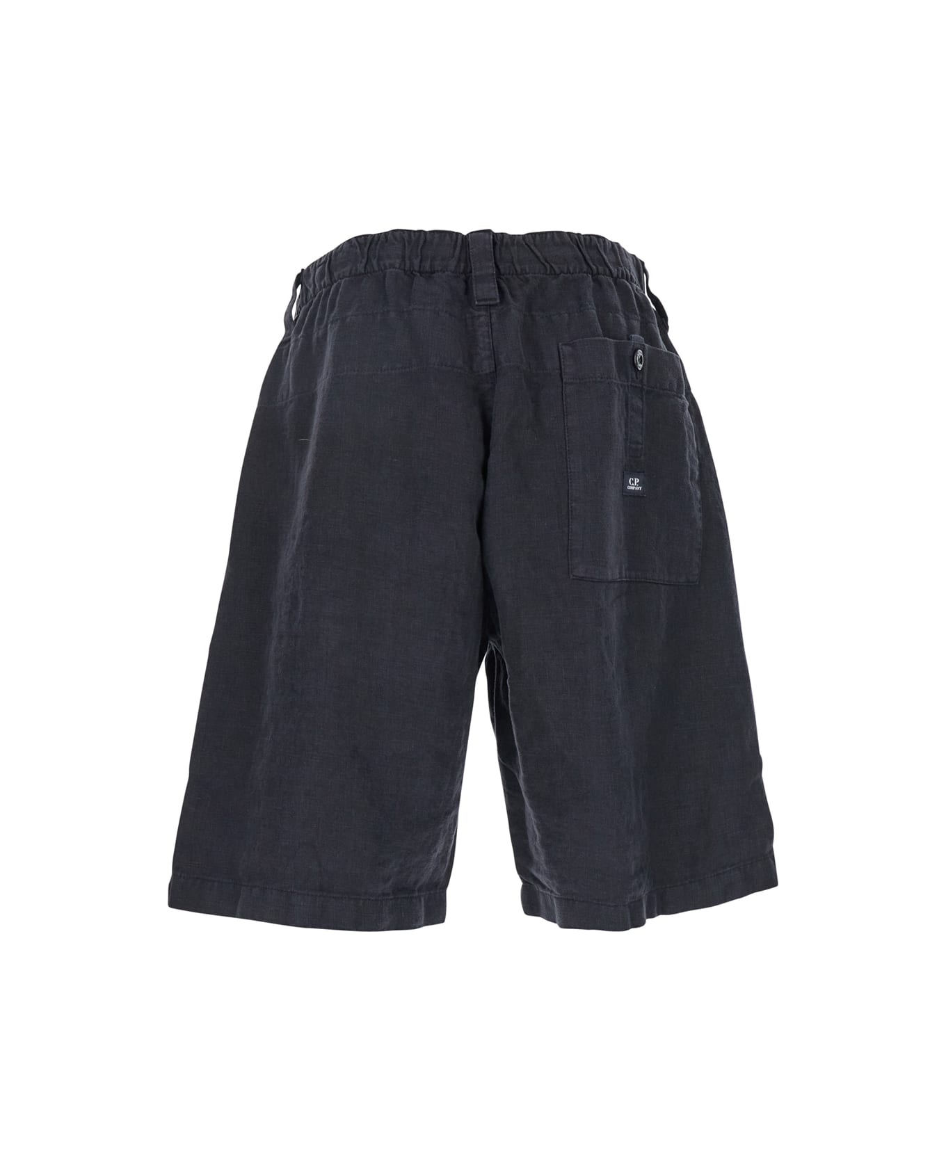 C.P. Company Blue Bermuda Pants With Elastic Waist And Logo Patch On The Rear In Linen Man - Blu