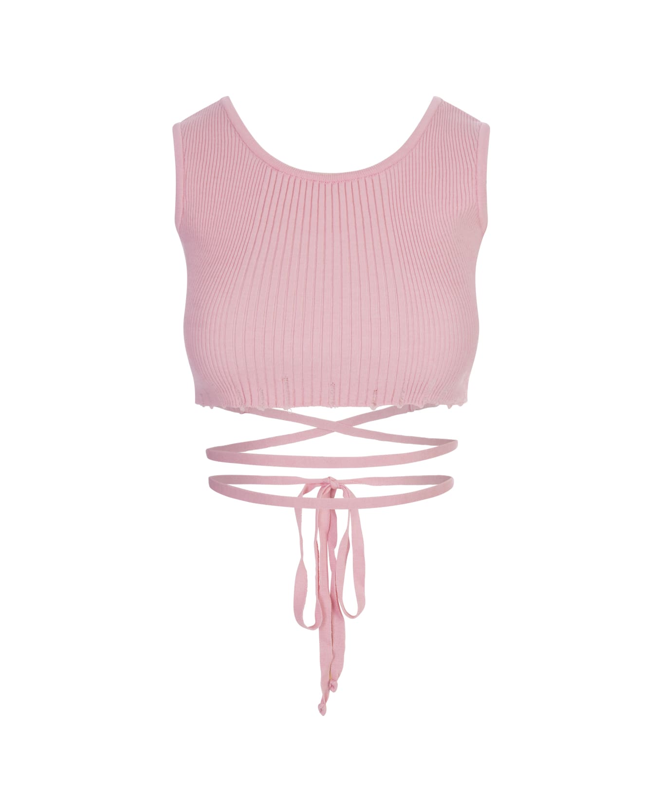 A Paper Kid Pink Ribbed Knit Crop Top With Distressed Effect - Pink