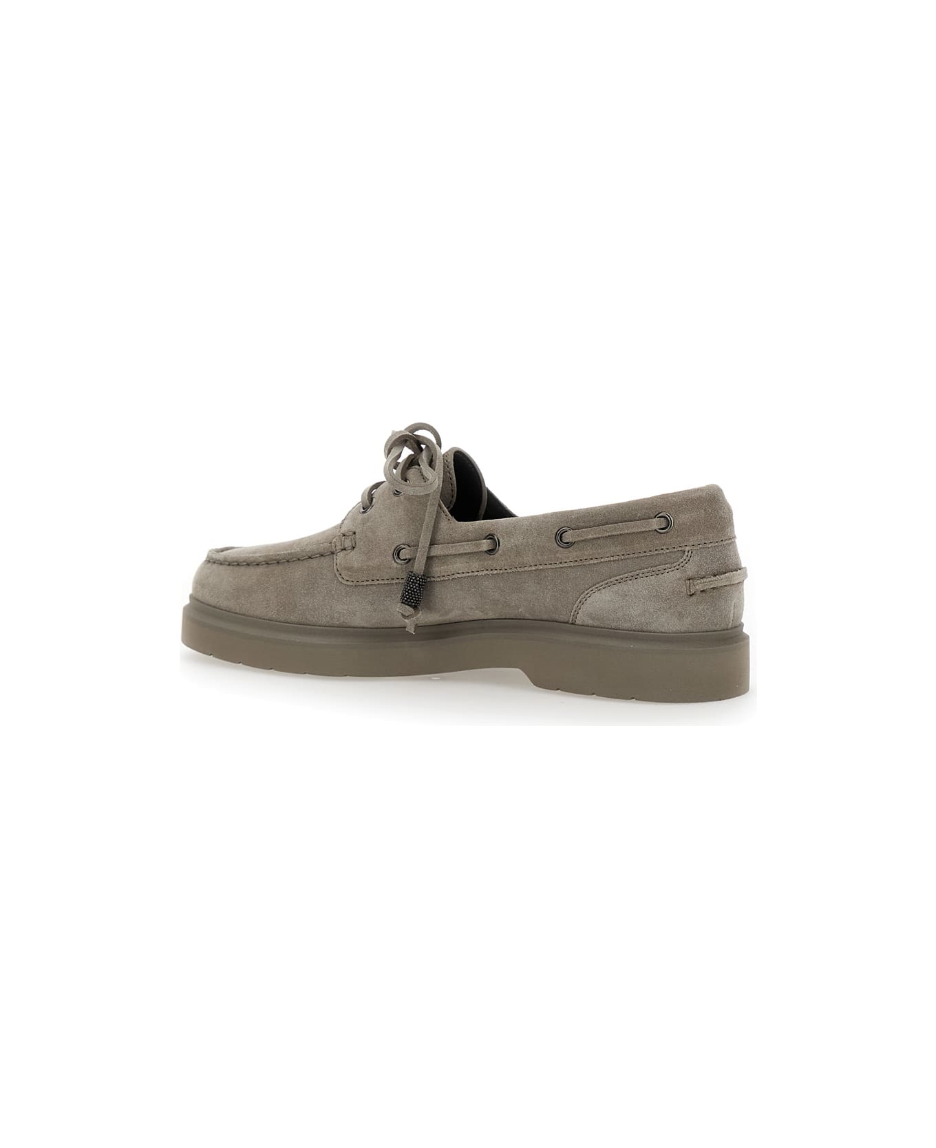 Brunello Cucinelli Beige Boat Loafers With Jewelry Details In Suede Women - Grey フラットシューズ