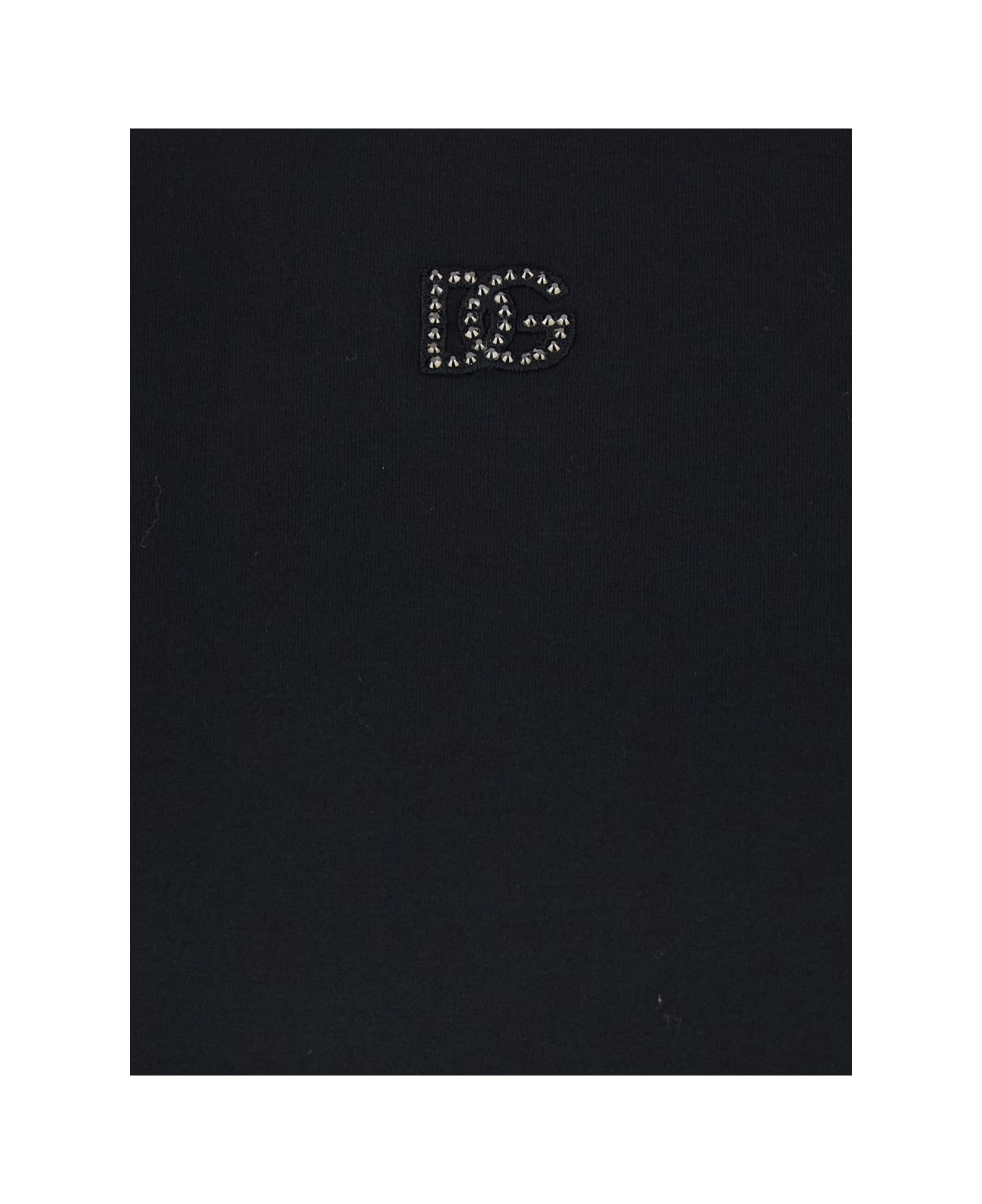 Dolce & Gabbana Black Crewneck T-shirt With Logo Embroidery With Beads On The Front In Cotton Woman - Black