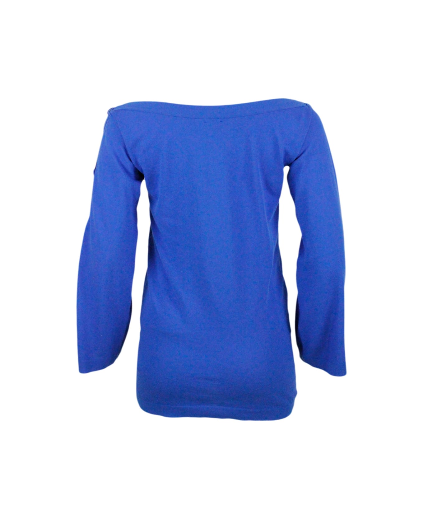 Malo Boat Neck, Long-sleeved Shirt In Cotton Thread With Buttons Along The Arms And Wide Sleeves. - Blu royal