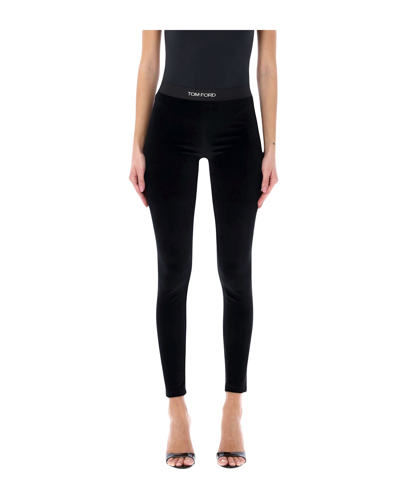 Tom Ford Black Stretch Velour Logo Leggings - BLACK