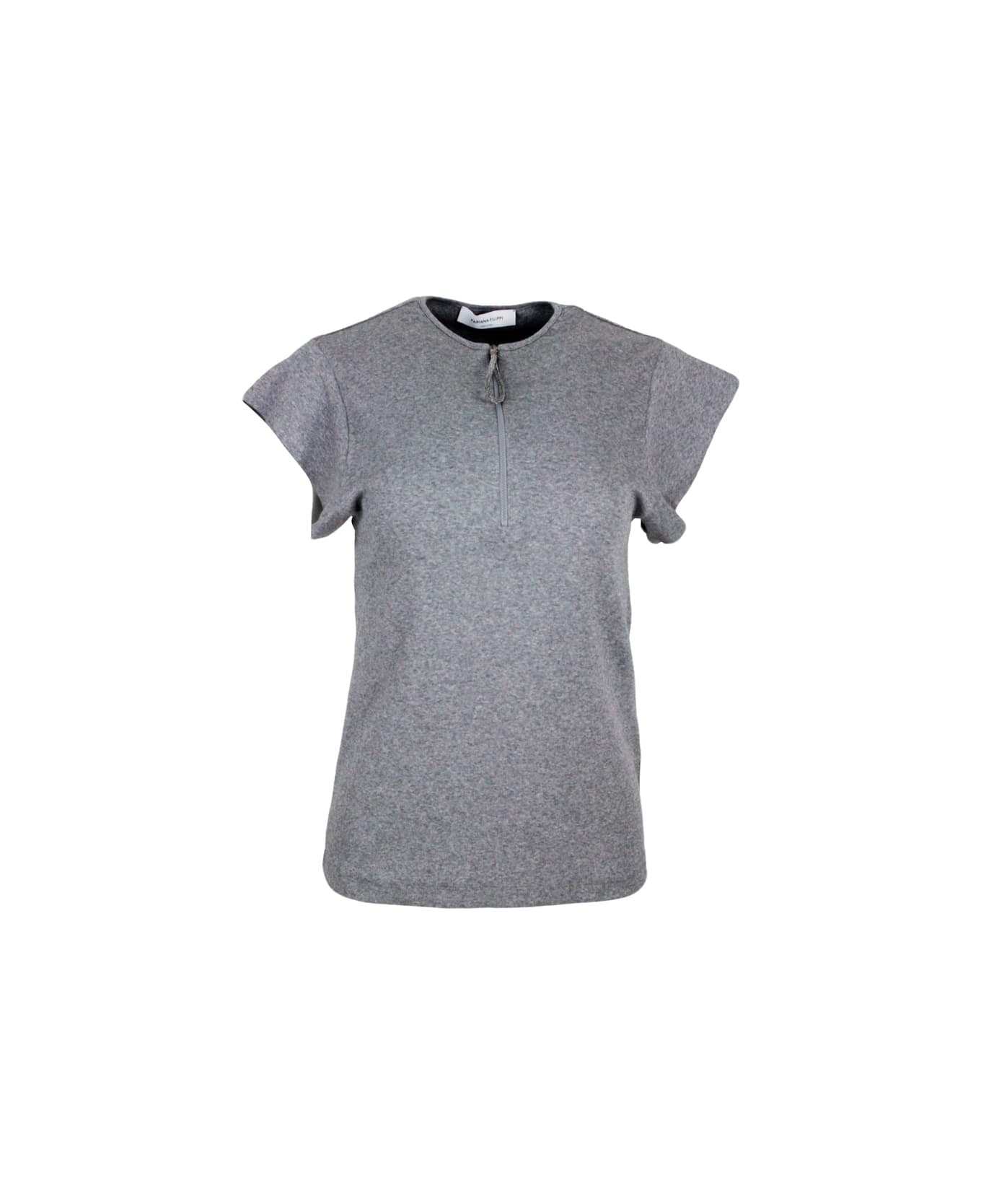 Fabiana Filippi Short-sleeved Round-neck Cotton Jersey T-shirt With Zip And Embellished With Rows Of Brilliant Jewels On The Zip Puller - Grey Tシャツ