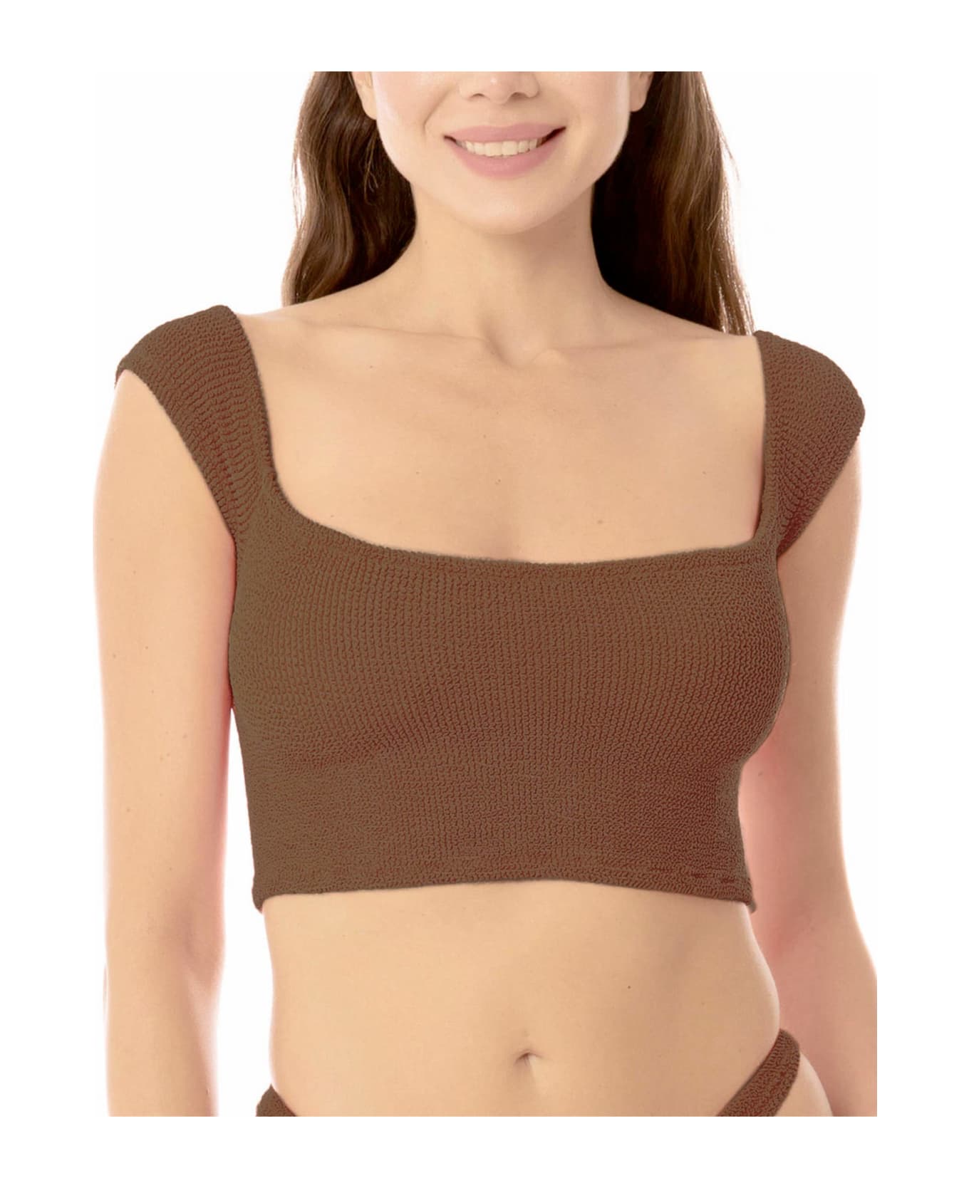MC2 Saint Barth Woman Crinkle Wide Shoulder Strap Top Swimsuit - BROWN