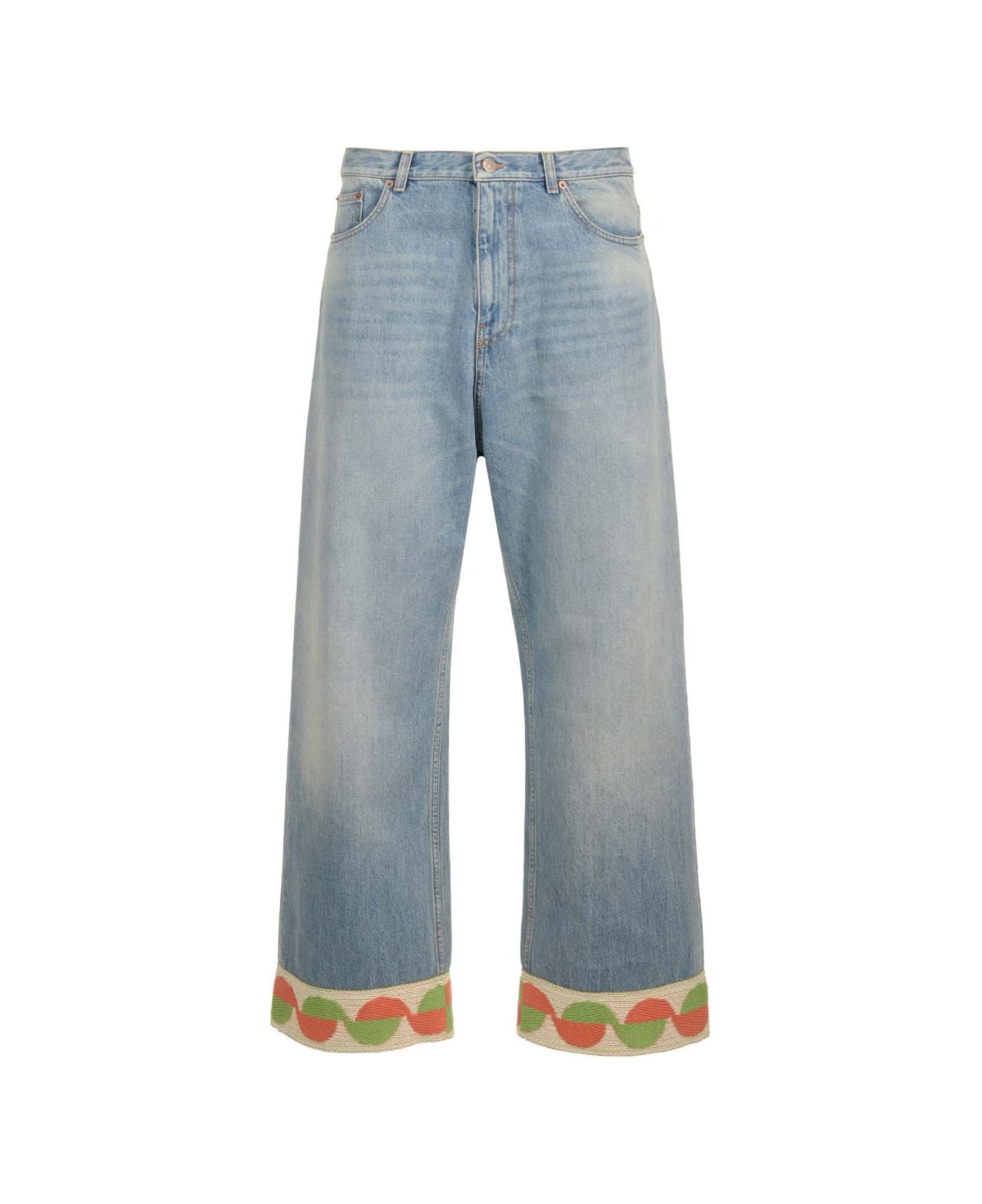 Valentino Garavani Denim Trousers With Jacquard Hem - Blue
