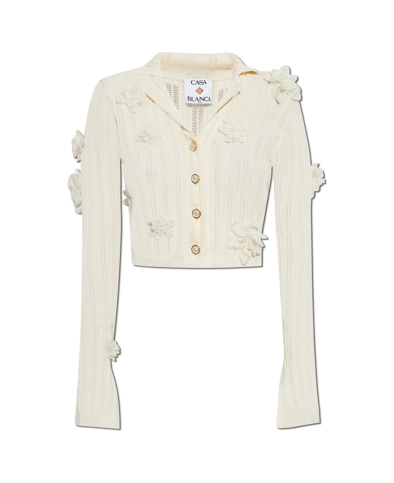Casablanca Long-sleeved Cropped Knitted Cardigan - White