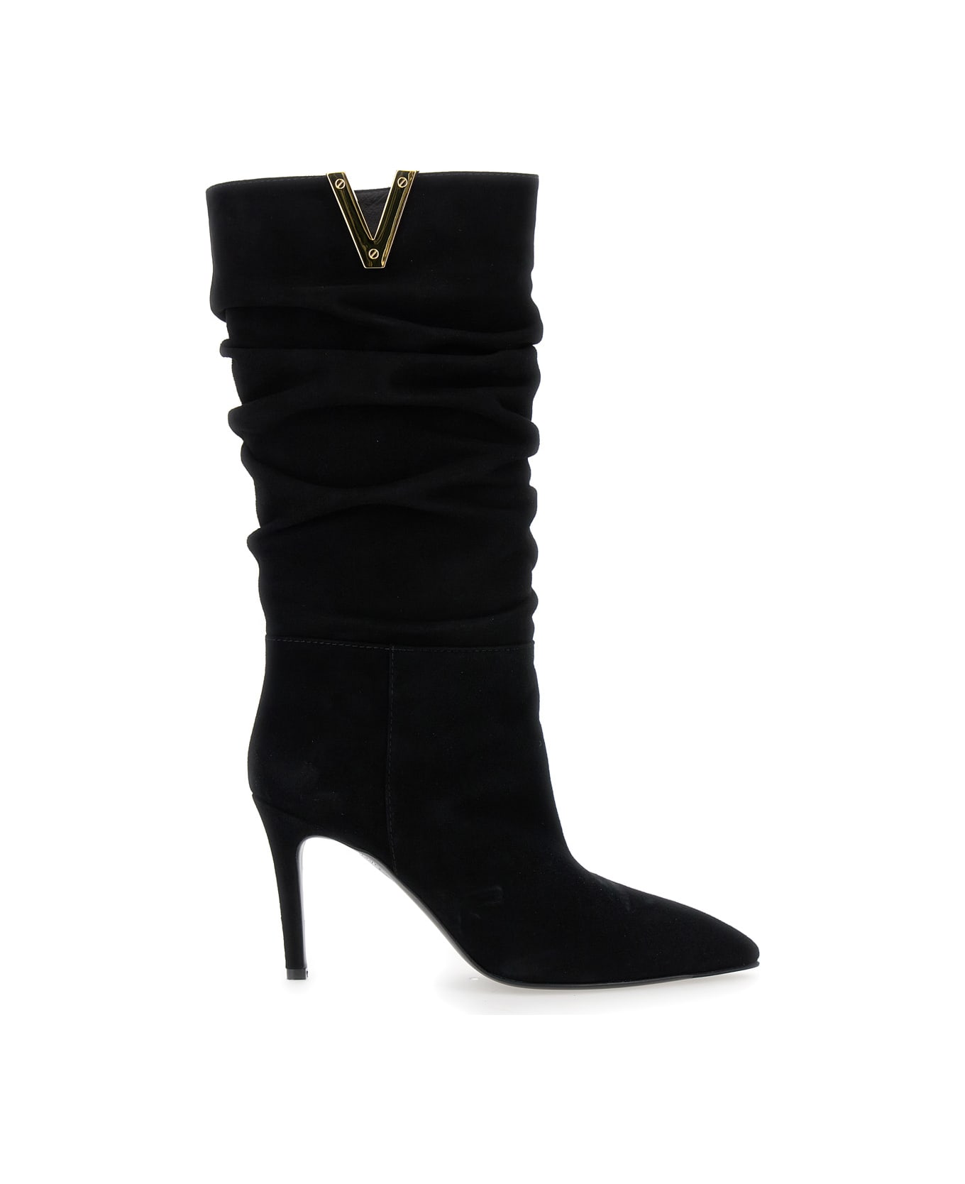 Via Roma 15 Black Heeled And V-detail Boots In Suede Woman - Black