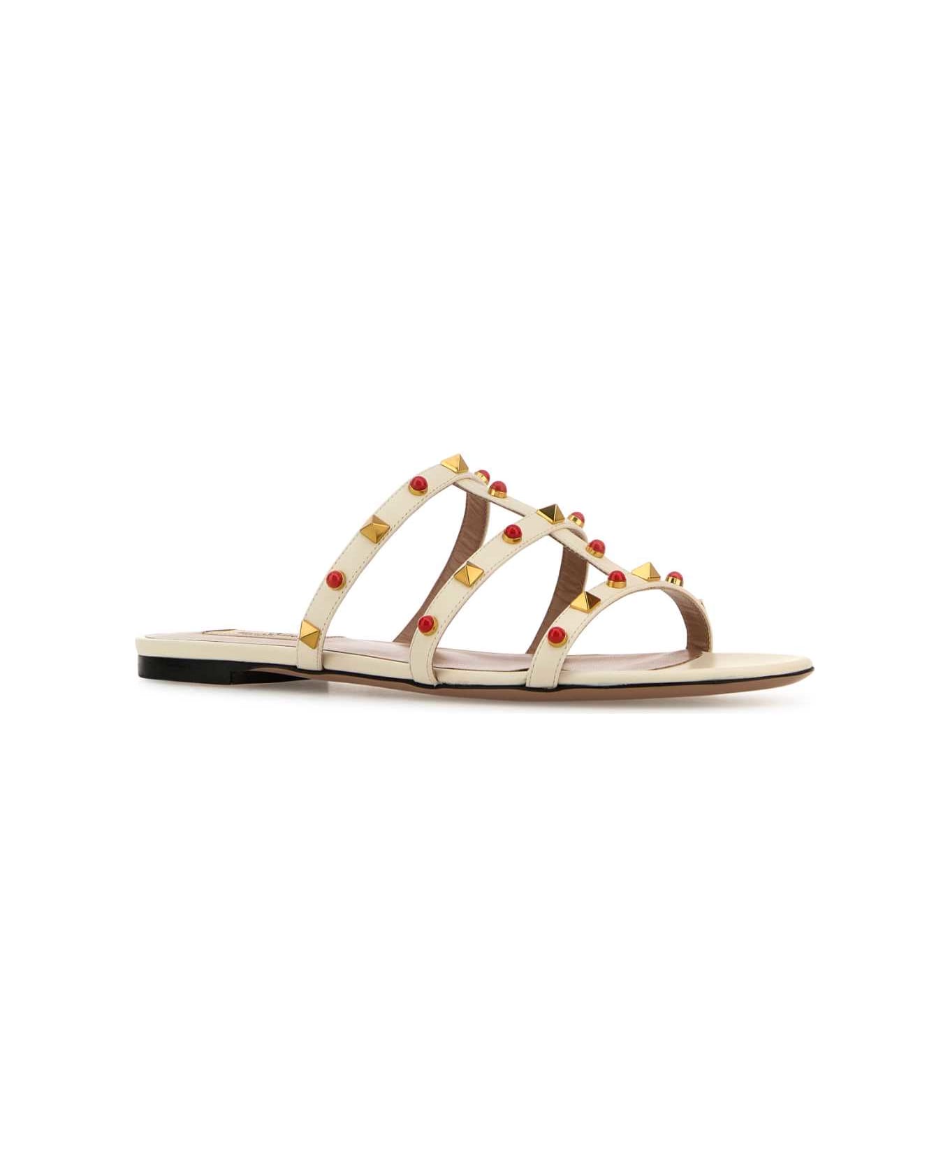 Valentino Garavani White Leather Studs Slippers - IVORYCORALRED