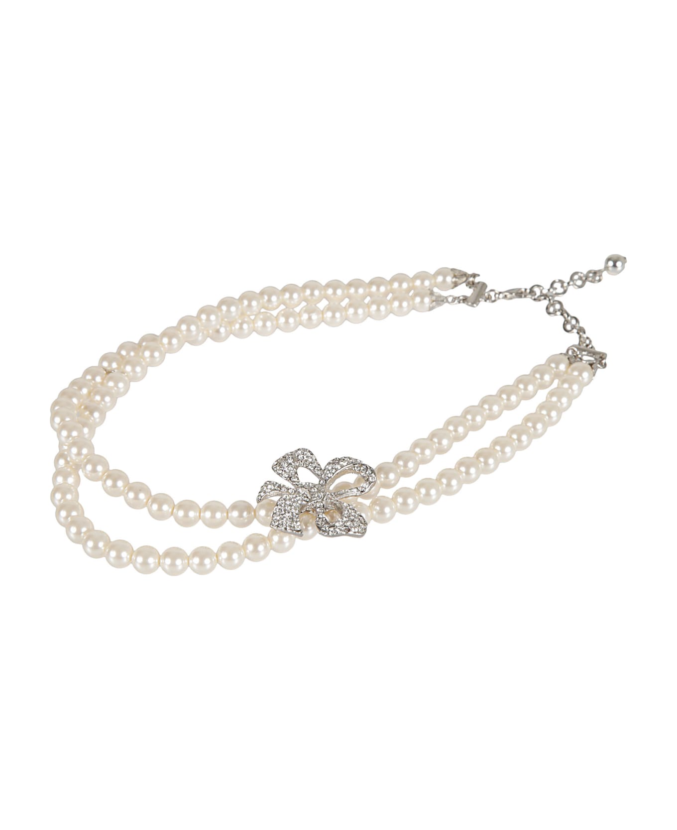 Alessandra Rich Bow Detail Pearl Embellished Necklace - Pearl Silver