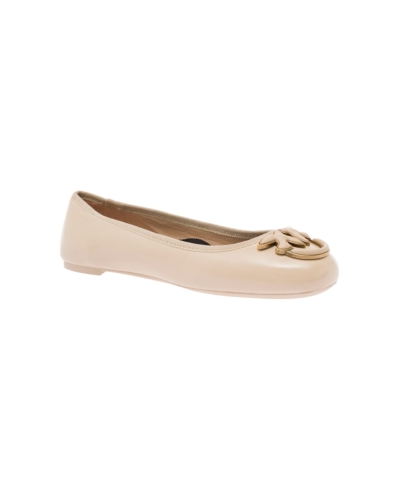 Pinko Pink Ballerinas With Black Ribbon In Leather Woman - Beige