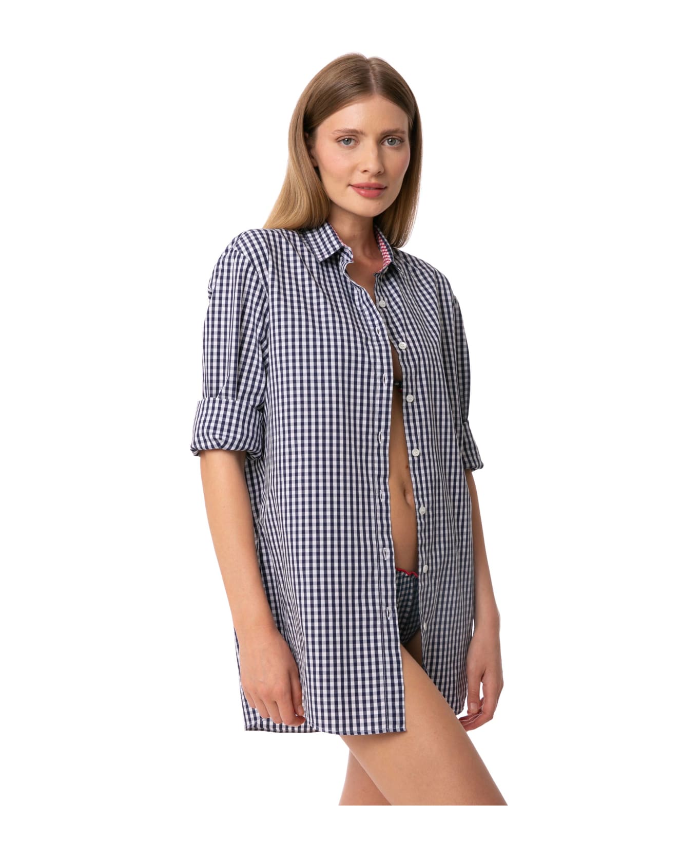 MC2 Saint Barth Blue Navy Gingham Cotton Shirt With Embroidery - BLUE