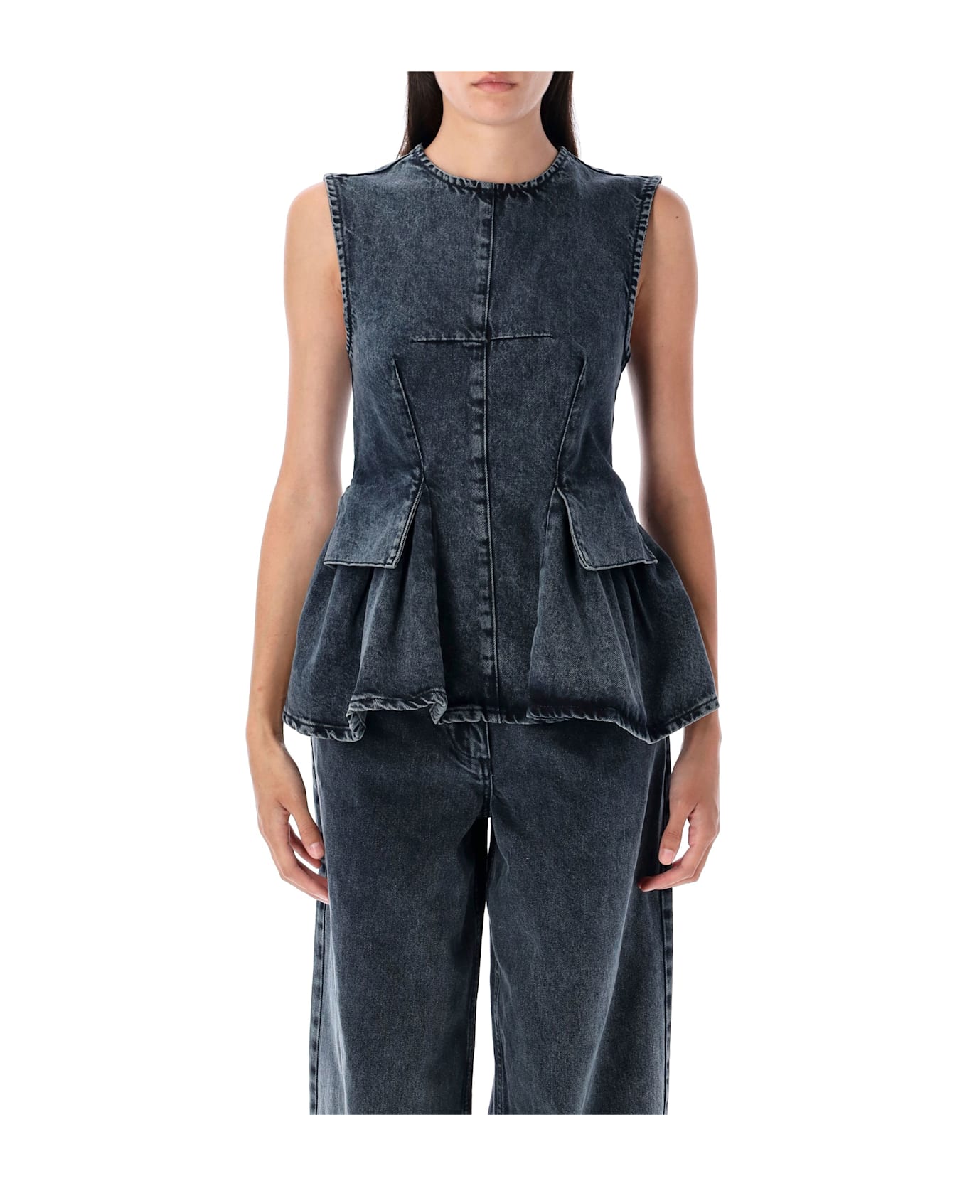 REMAIN Birger Christensen Peplum Denim Top - BLACK