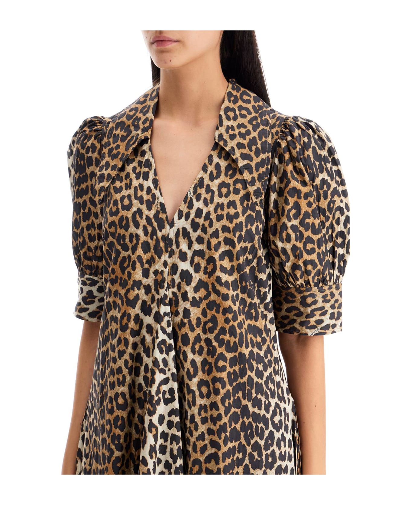 Ganni Leopard Print Poplin Dress - Brown