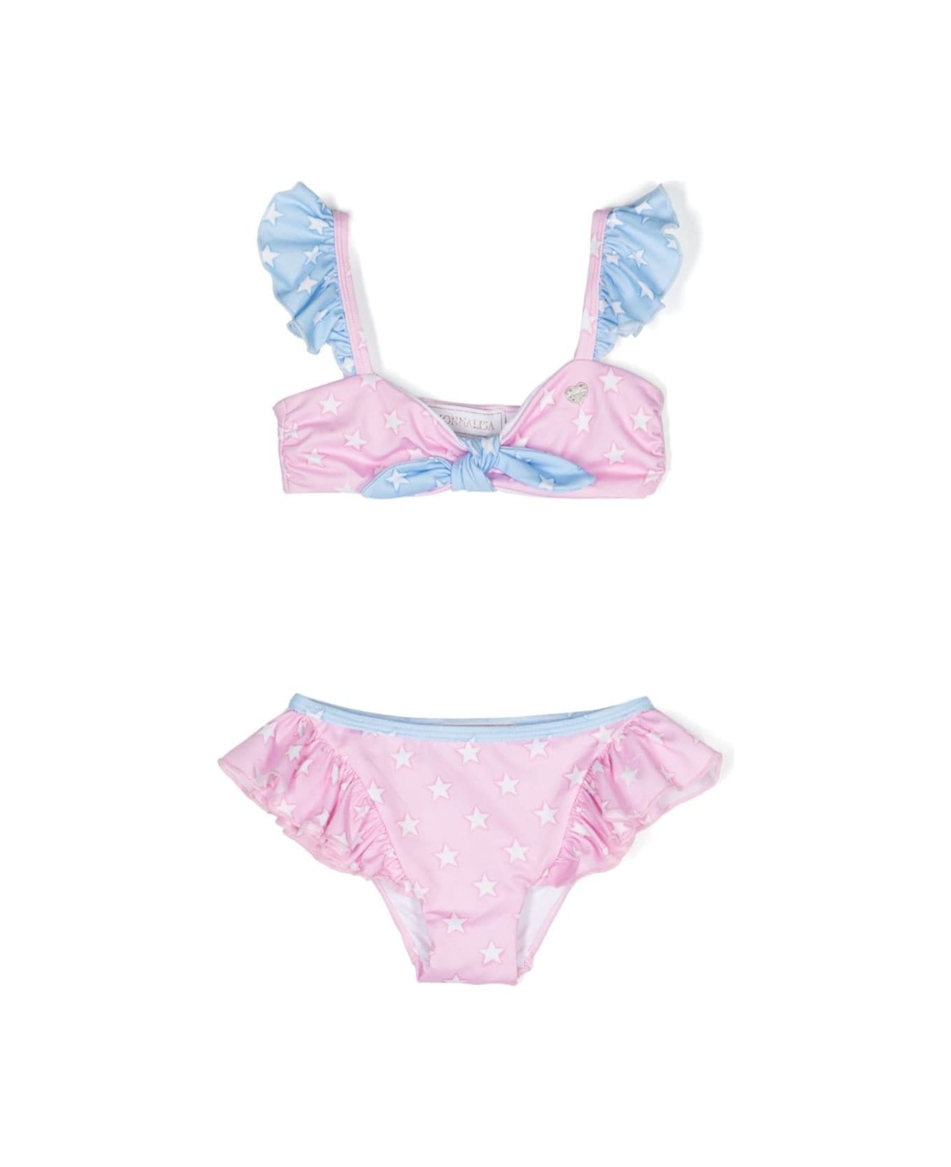 Monnalisa Pink And Light Two Piece Bikini Set With Star Print In Stretch Fabric Girl - Multicolor
