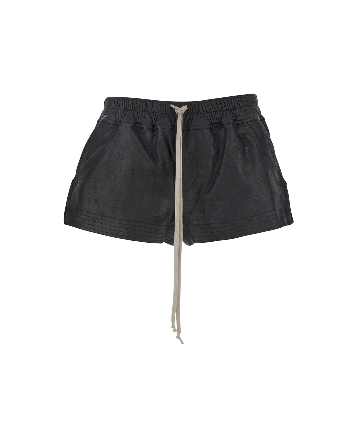 Rick Owens Black Shorts With Drawstring Waist In Grained Leather Woman - Black
