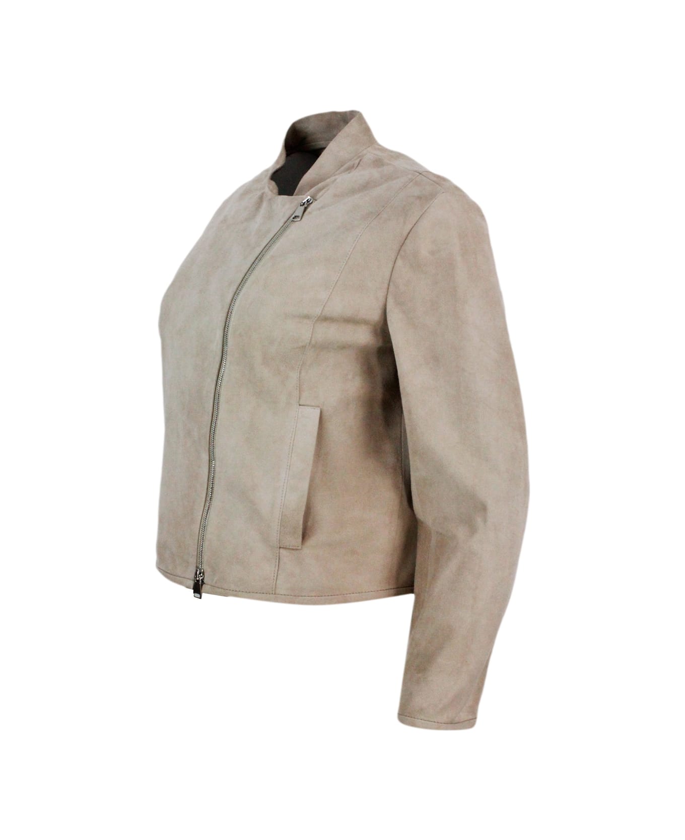 Antonelli Biker Jacket Made Of Soft Suede. Side Zip Closure And Pockets On The Front - Beige