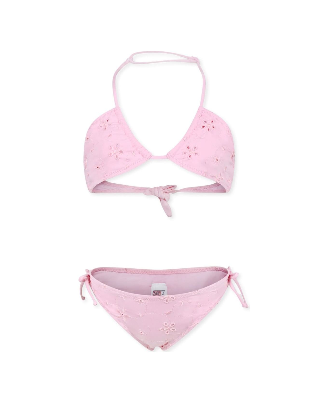 MC2 Saint Barth 'aryanna' Pink Bikini With Tie Closure And Floral Embroidery In Tech Fabric Stretch Girl - Pink