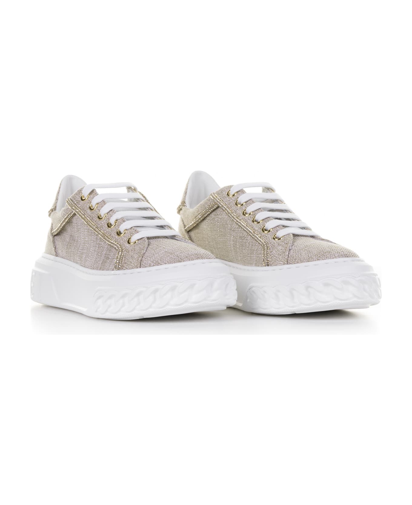 Casadei Canvas Sneakers With Rhinestone Profiles - GOLD HONEY
