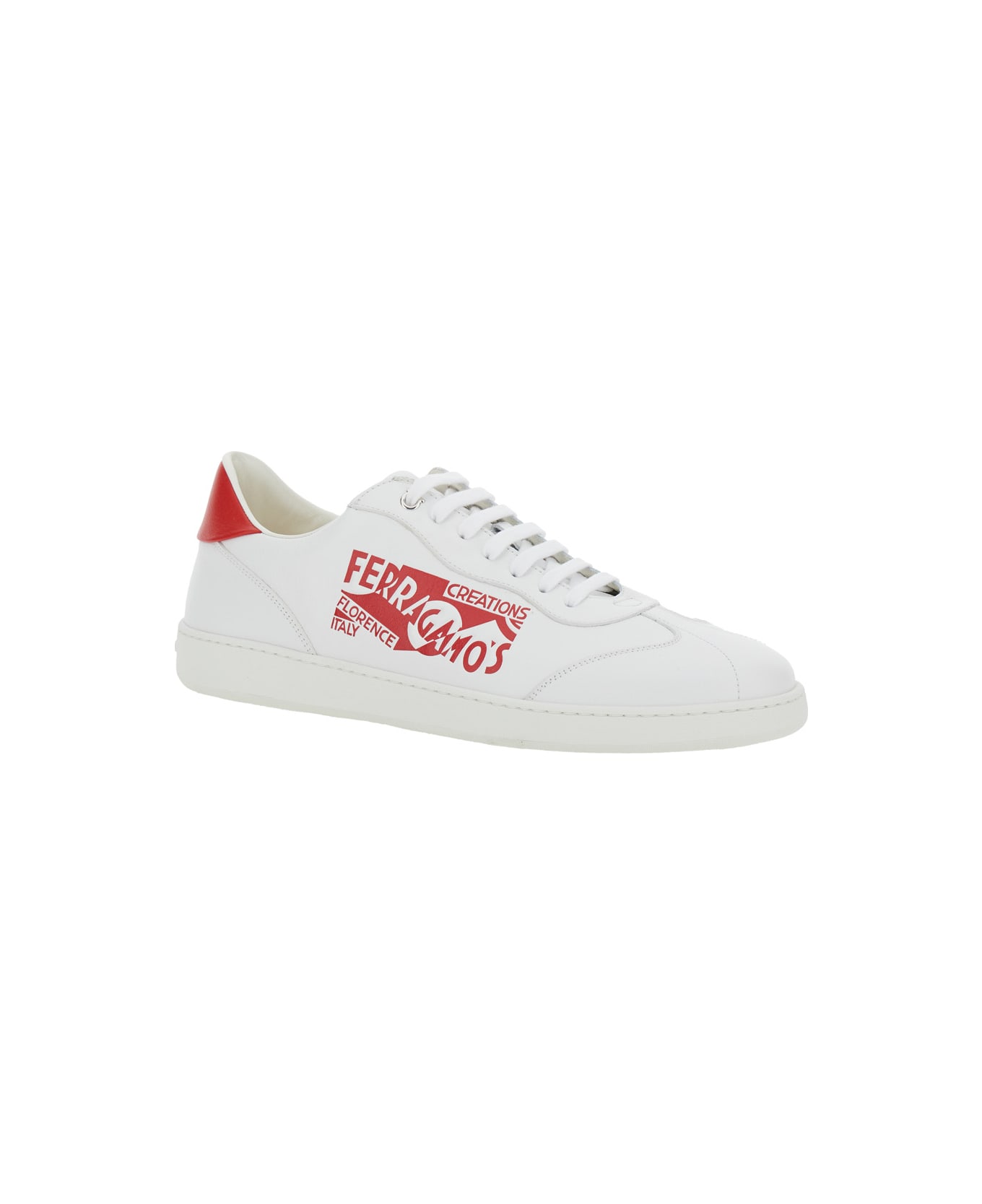 Ferragamo 'achille' White Low Top Sneakers With Red Logo Detail In Leather Man - White