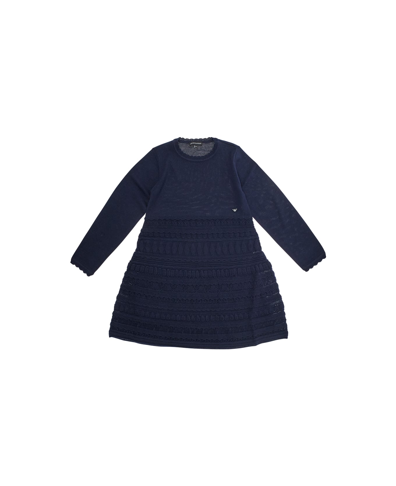 Emporio Armani Blue Dress With Round Neck And Logo Embroidery On The Front In Wool Blend Girl - Blu