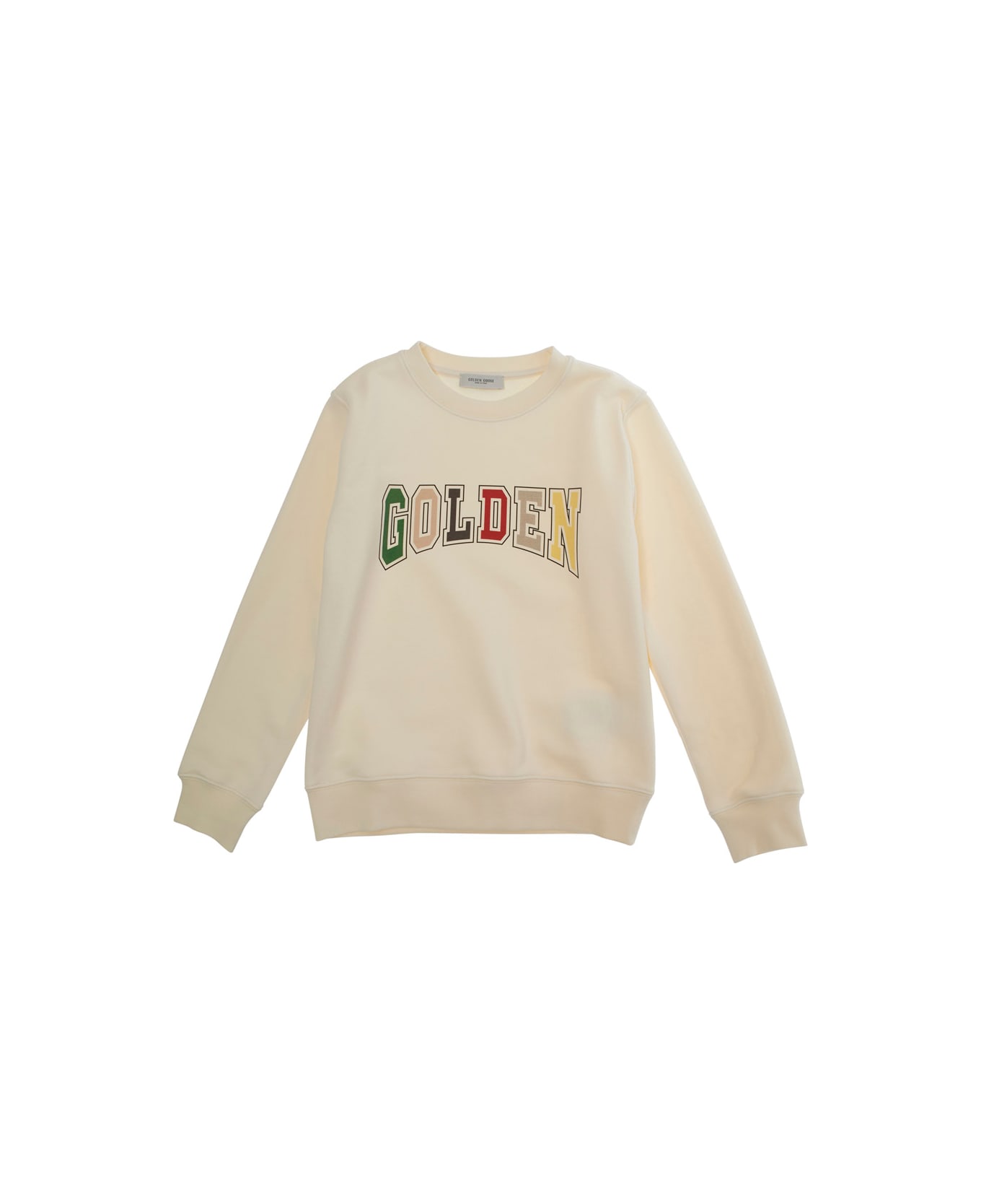 Golden Goose 'journey' Beige Crewneck Sweatshirt With Maxi Logo Lettering On The Front In Cotton Blend Boy - Beige