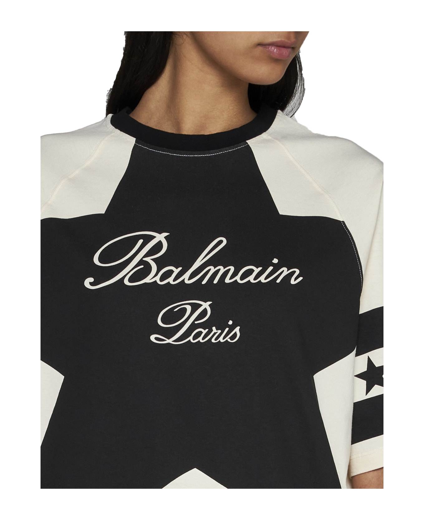 Balmain Cropped T-shirt With Star And Logo Prints - Creme/noir Tシャツ
