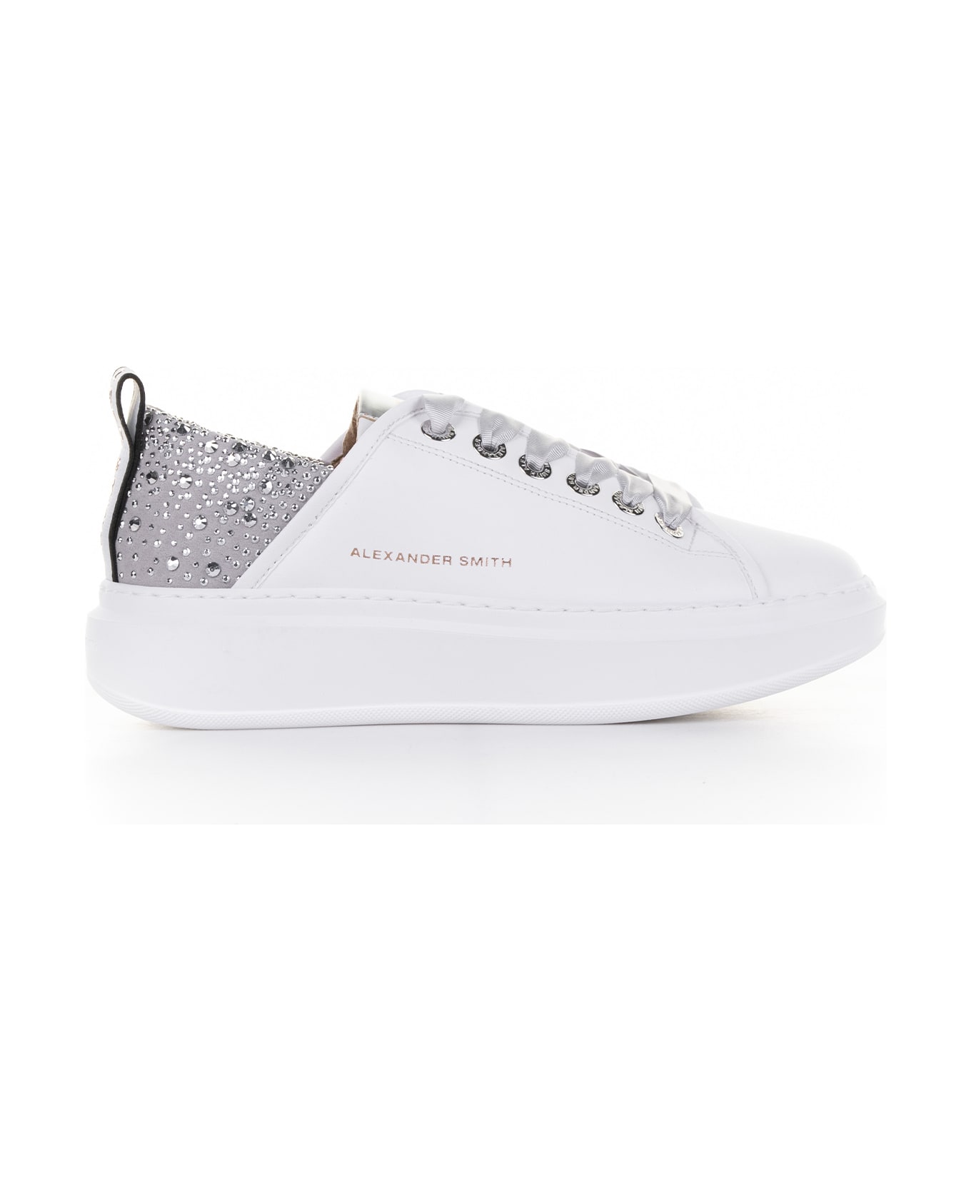 Alexander Smith London Wembley Sneaker In Leather And Rhinestones - WHITE SIVER