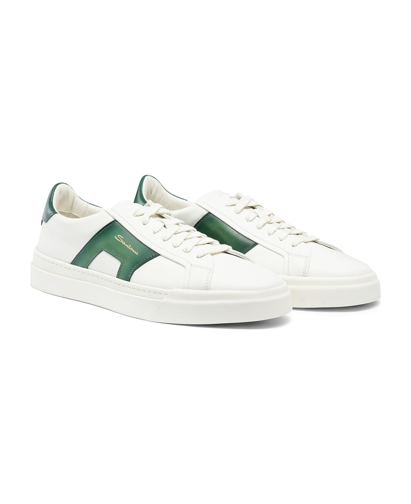 Santoni White Green Leather Sneaker - BIANCO VERDE