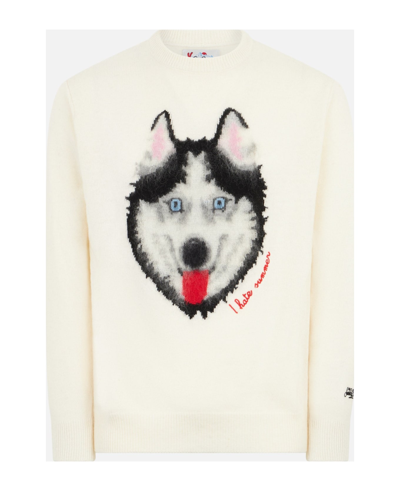 MC2 Saint Barth Man Sweater With Wolf Print And I Hate Summer Embroidery - WHITE