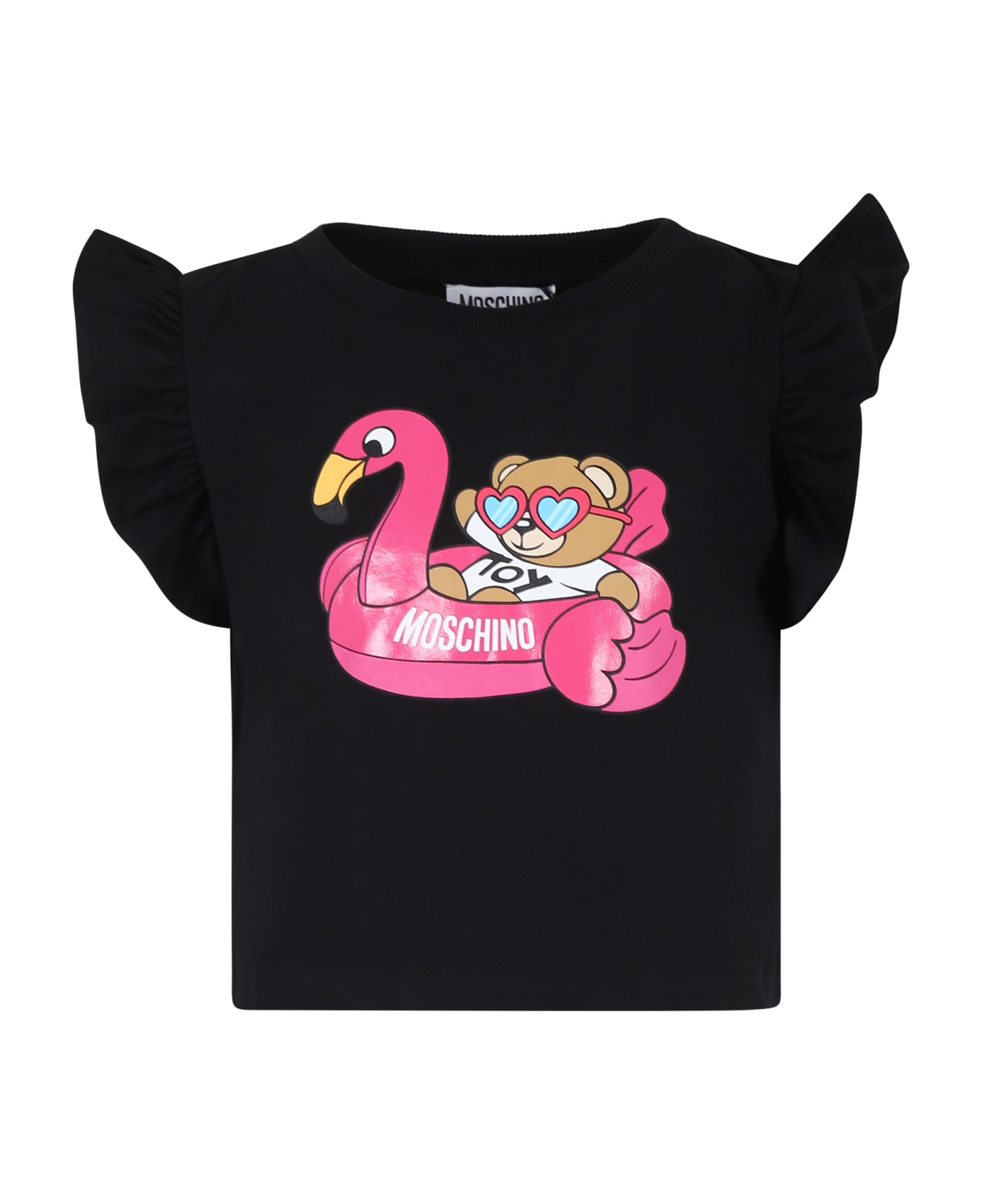 Moschino Black T-shirt For Girl With Teddy Bear And Flamingo - Nero