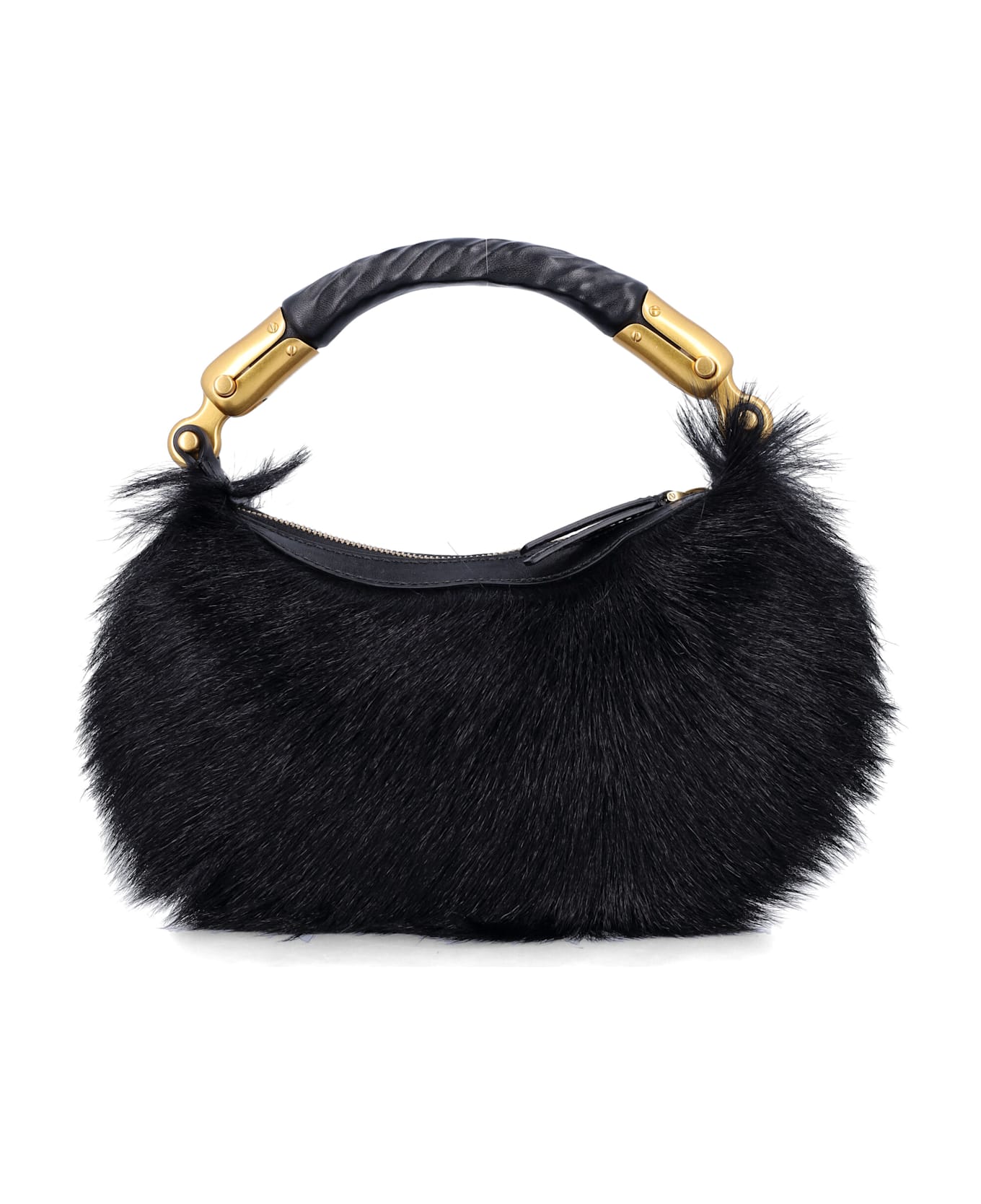 Balmain Genuine Fur Handbag With Leather Handle - BLACK