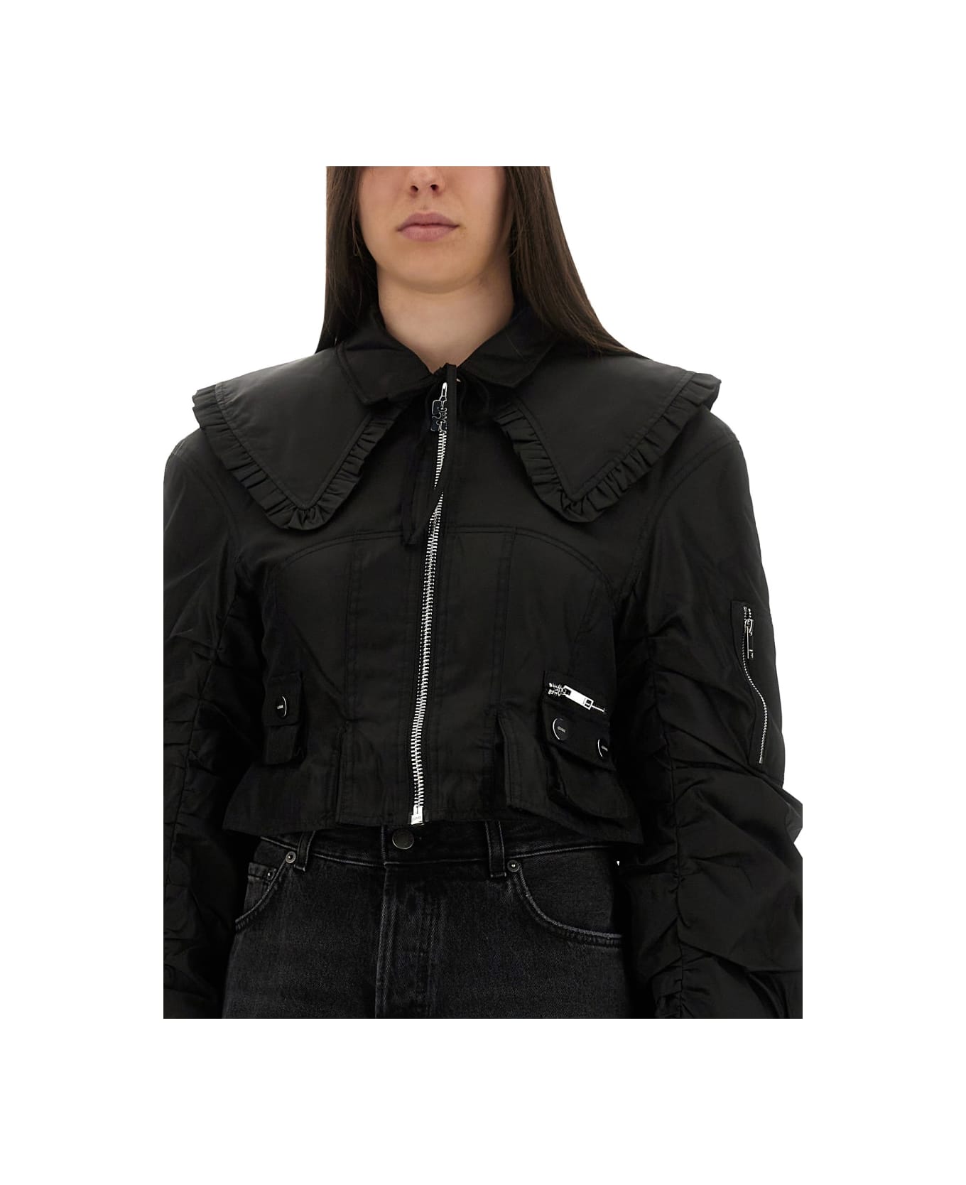 Ganni Nylon Fitted Jacket - BLACK