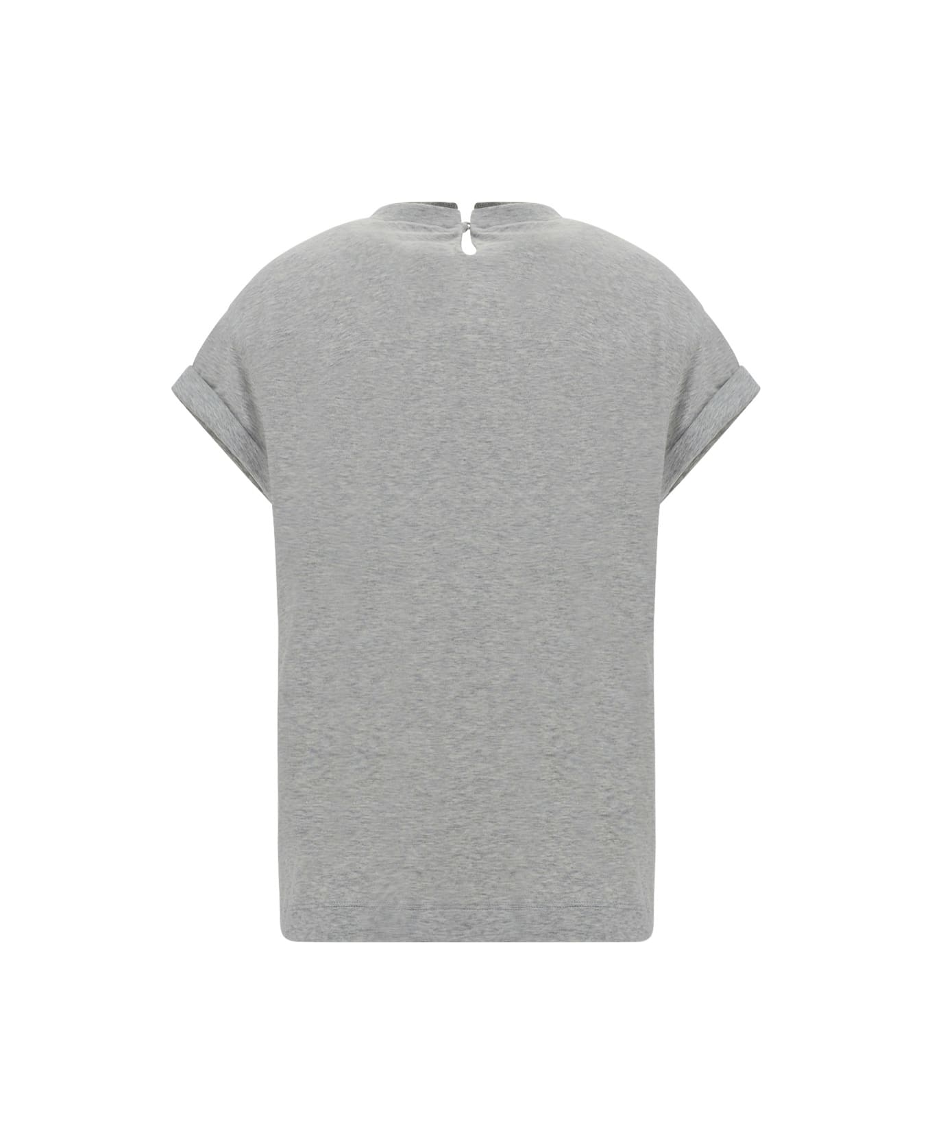 Brunello Cucinelli Short-sleeved T-shirt In Elasticized Stretch Cotton With A Crew Neck Edged With Jewels - Silver
