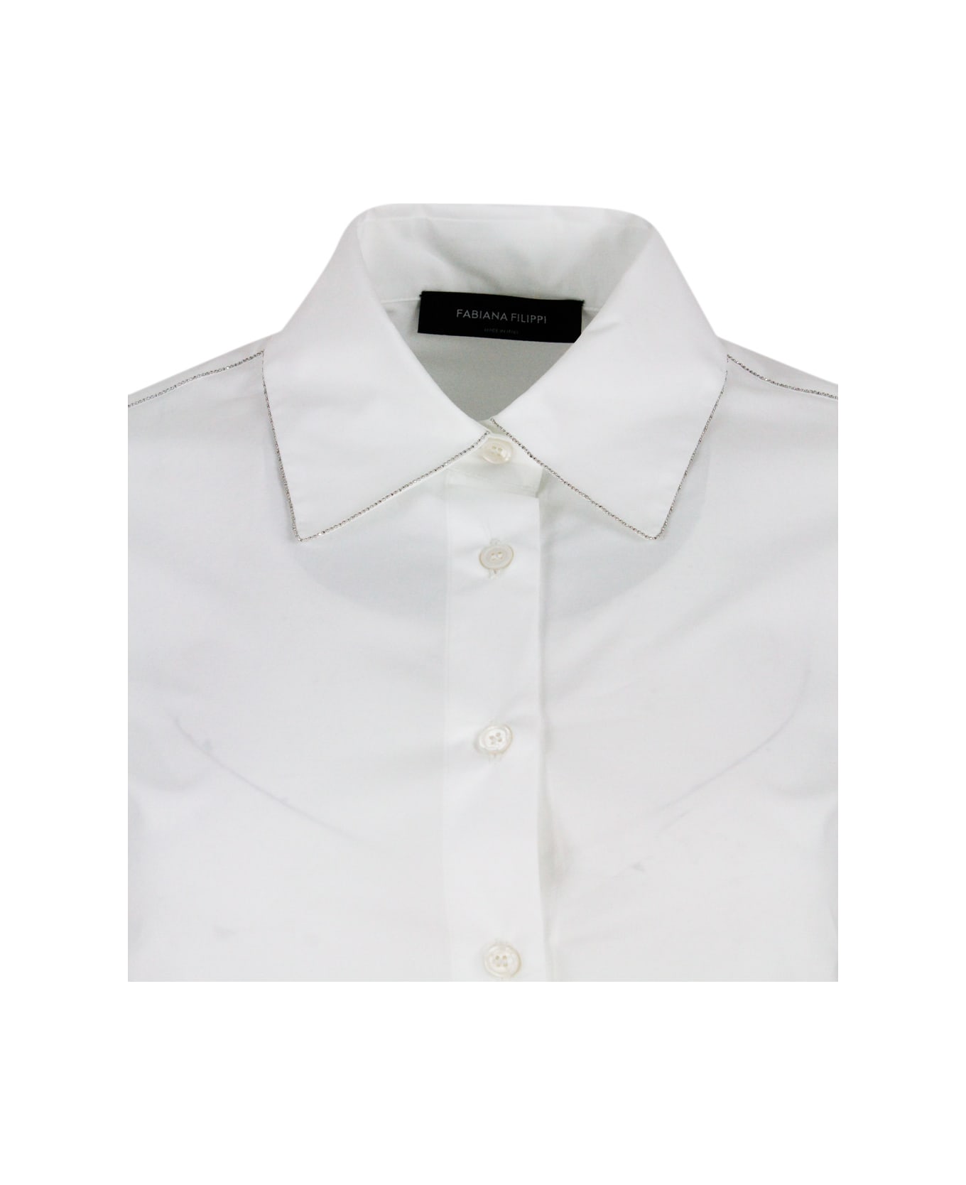 Fabiana Filippi Long-sleeved Shirt In Stretch Cotton Poplin With A Slim Fit Trimmed With Rows Of Brilliant Jewels - White
