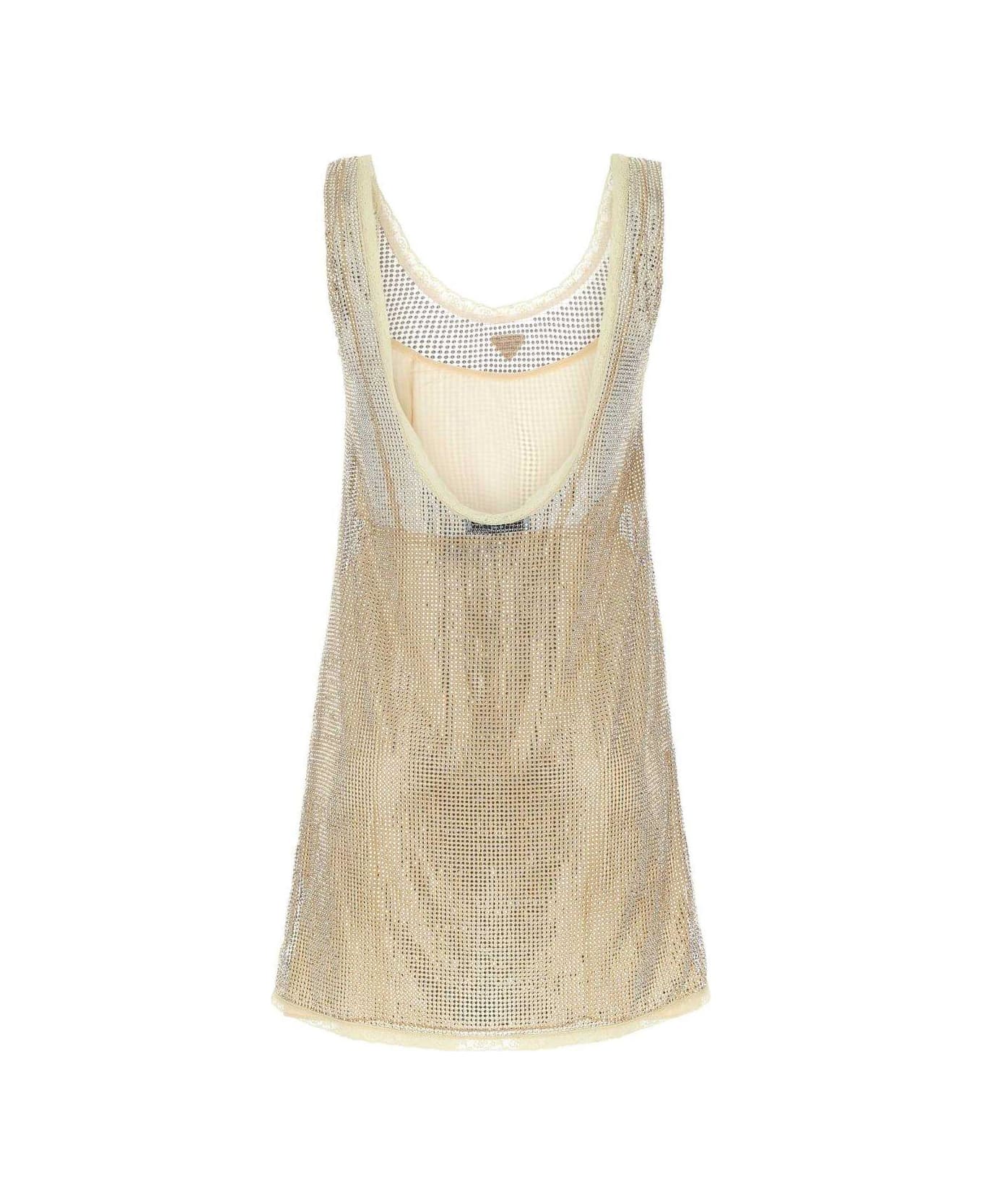 Prada Logo Plaque Embellished Sleeveless Dress - Gold