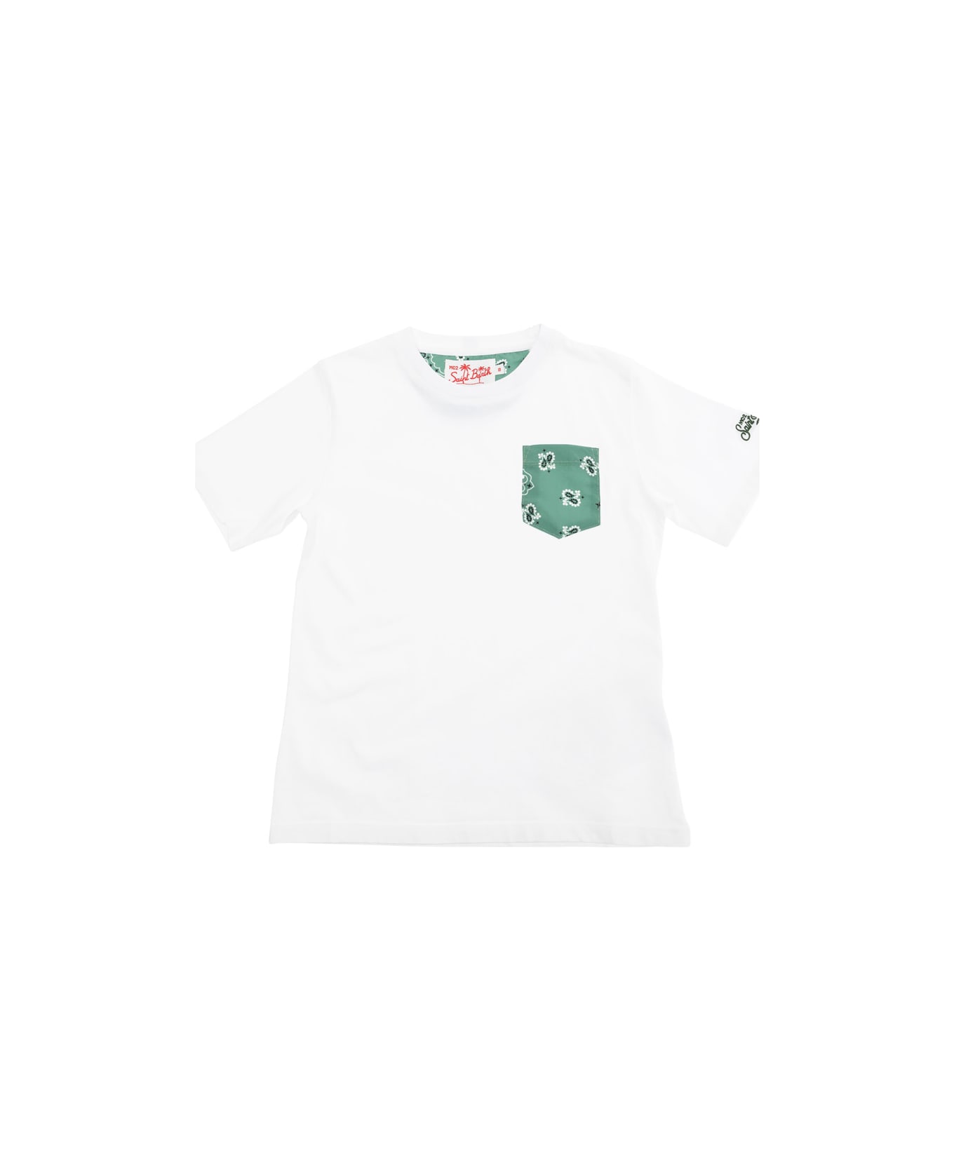 MC2 Saint Barth 
kea
 White Crewneck T-shirt With Logo Lettering On The Sleeve And Print On The Pocket In Cotton Boy - White