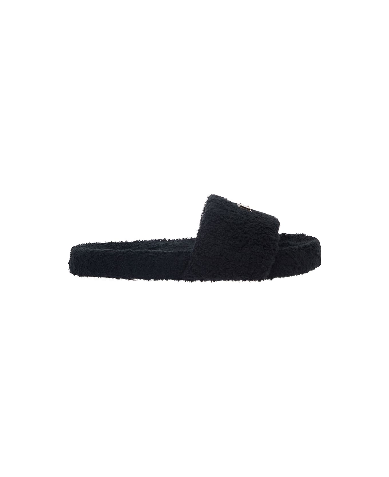 Dolce & Gabbana Black Slide Sandal With Logo Plaque In Terrycloth Man - Black