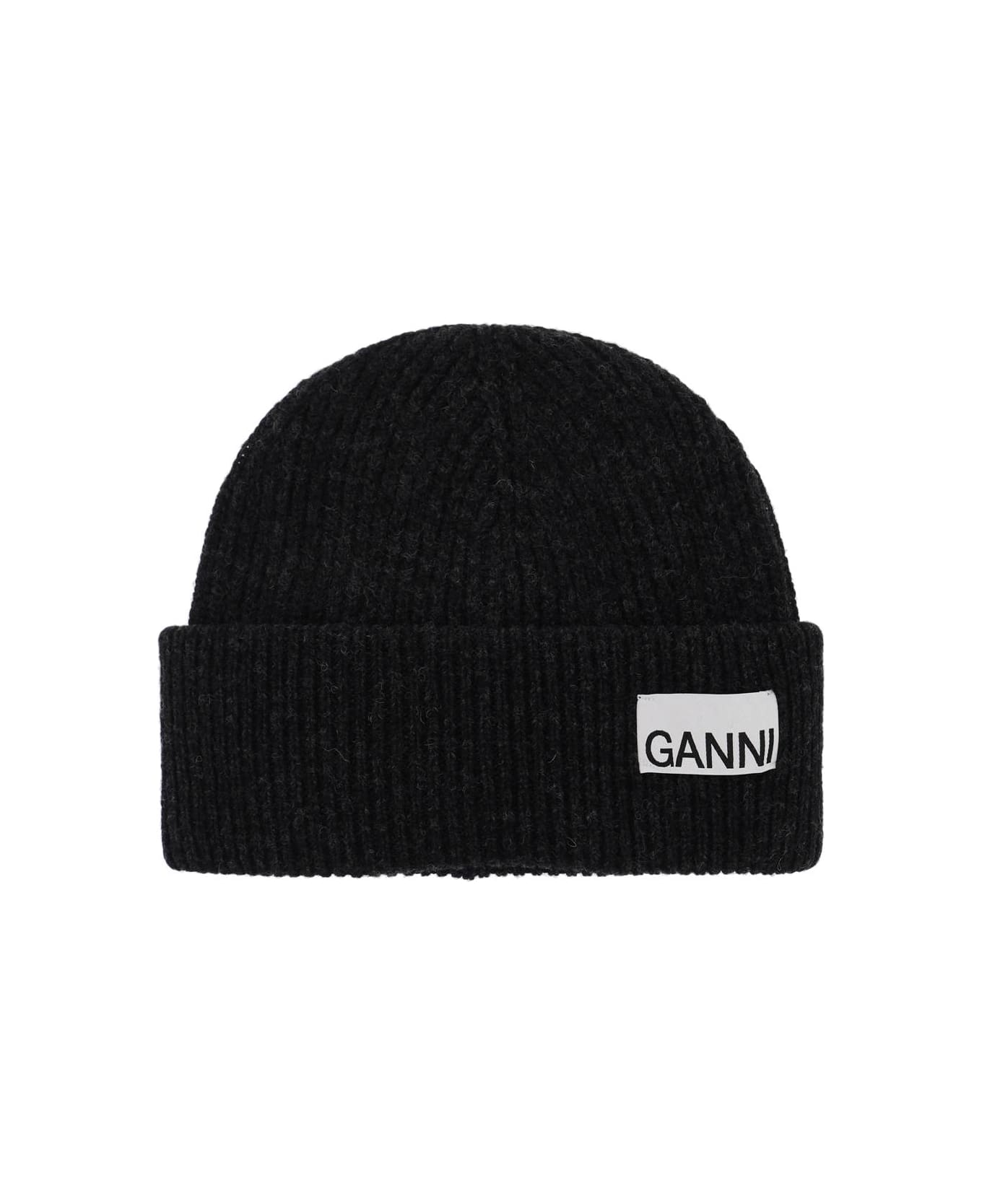 Ganni Beanie Hat With Logo - PHANTOM